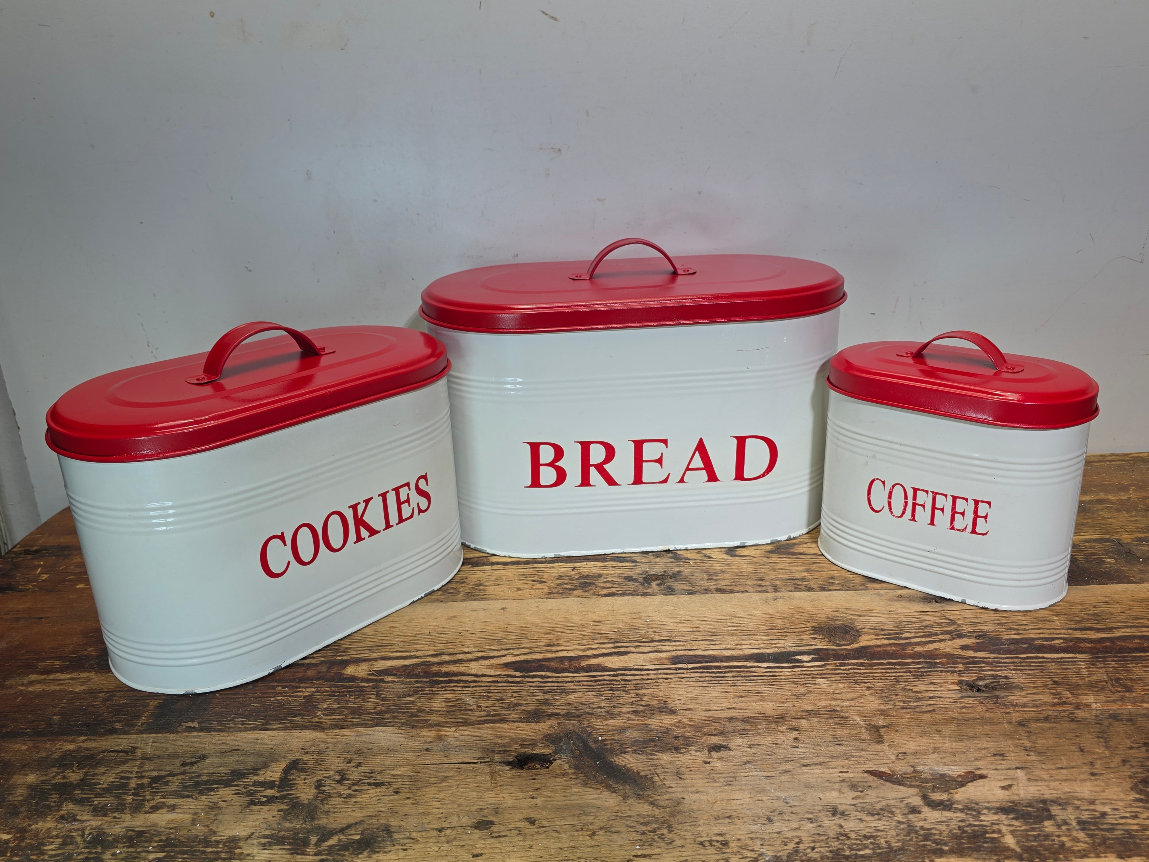 Vintage Mid-Century Metal Kitchen Canister 3-Piece Set - Bread, Cookies & Coffee
