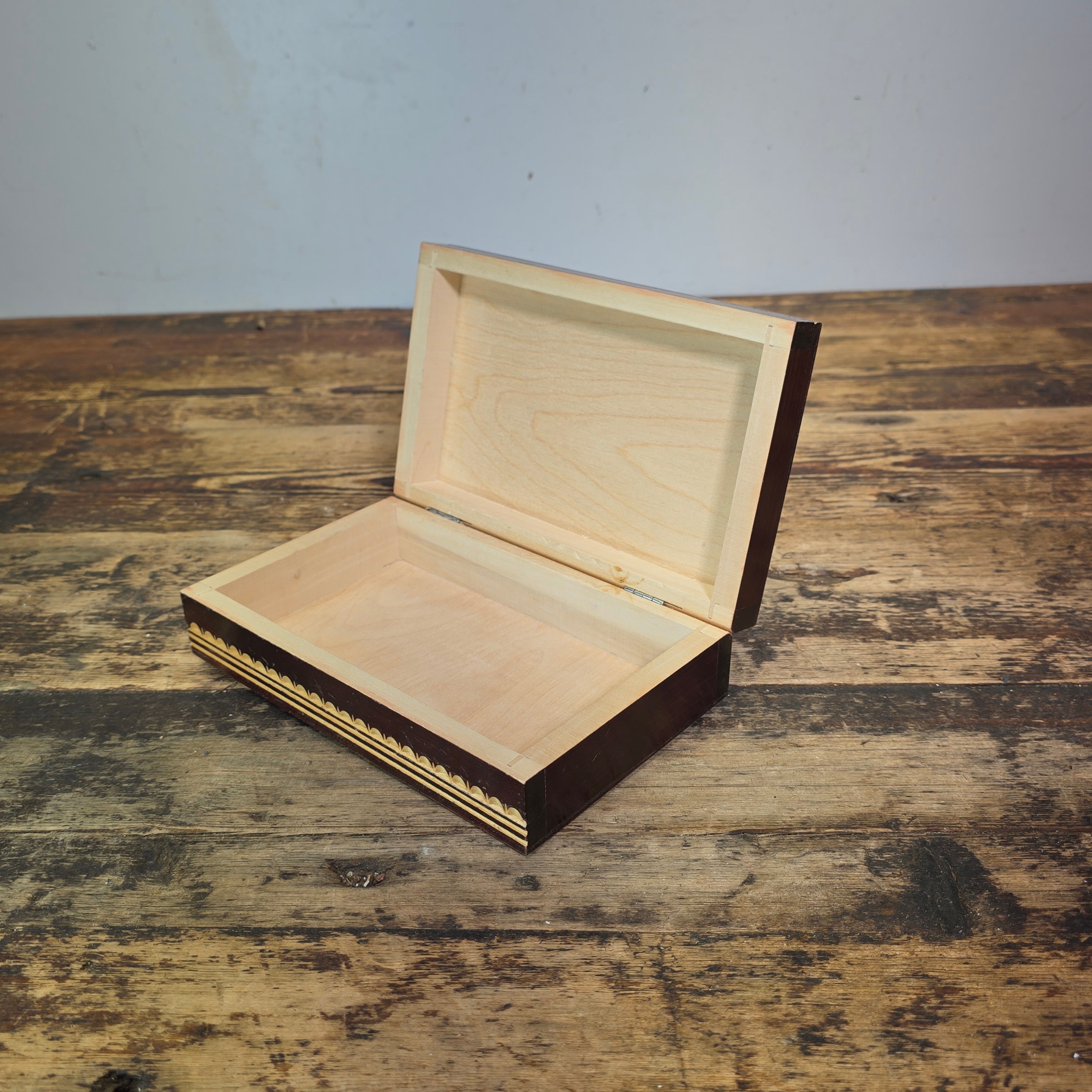 Vintage Wood Jewelry Box Chip Carved Keepsake Trinket Inlay Geometric Folk Art