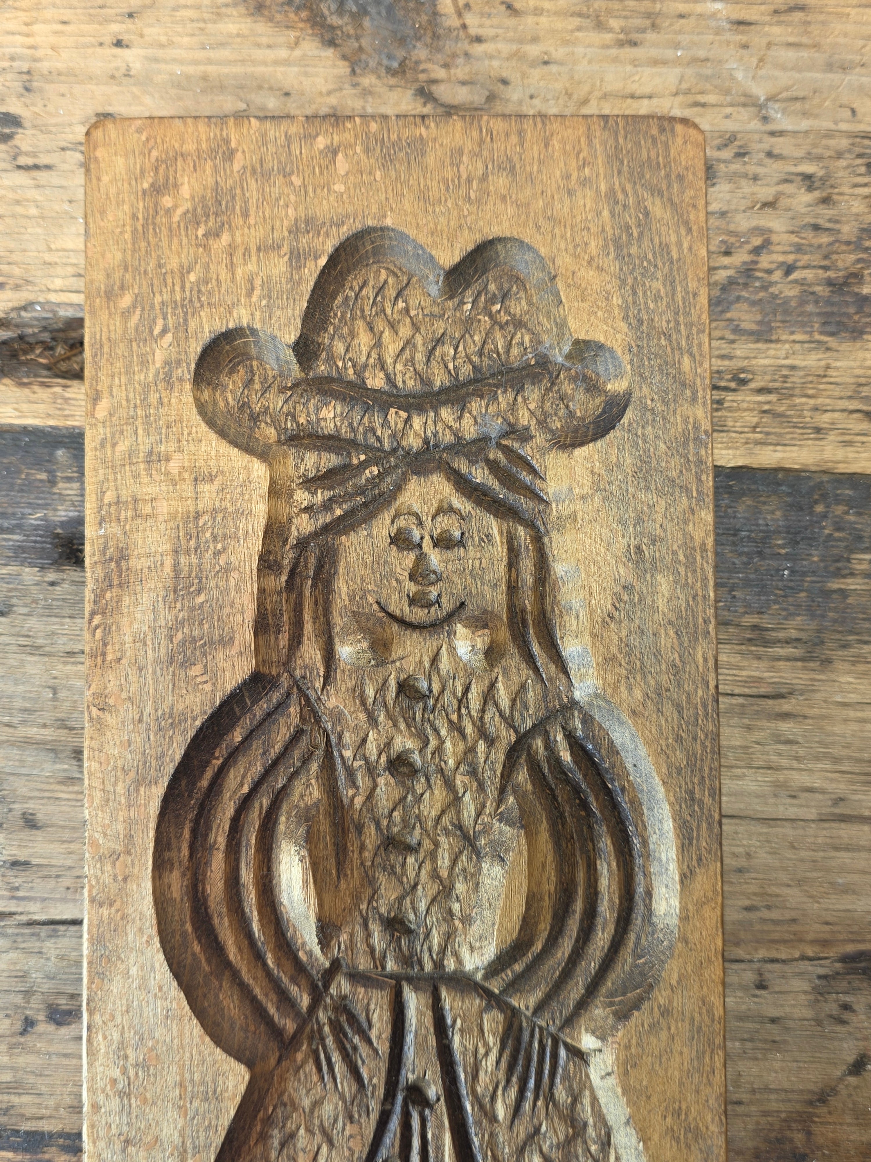 Vintage Dutch Speculaas Mold Wood Cookie Press Girl Woman Figural Wall Plaque 13"