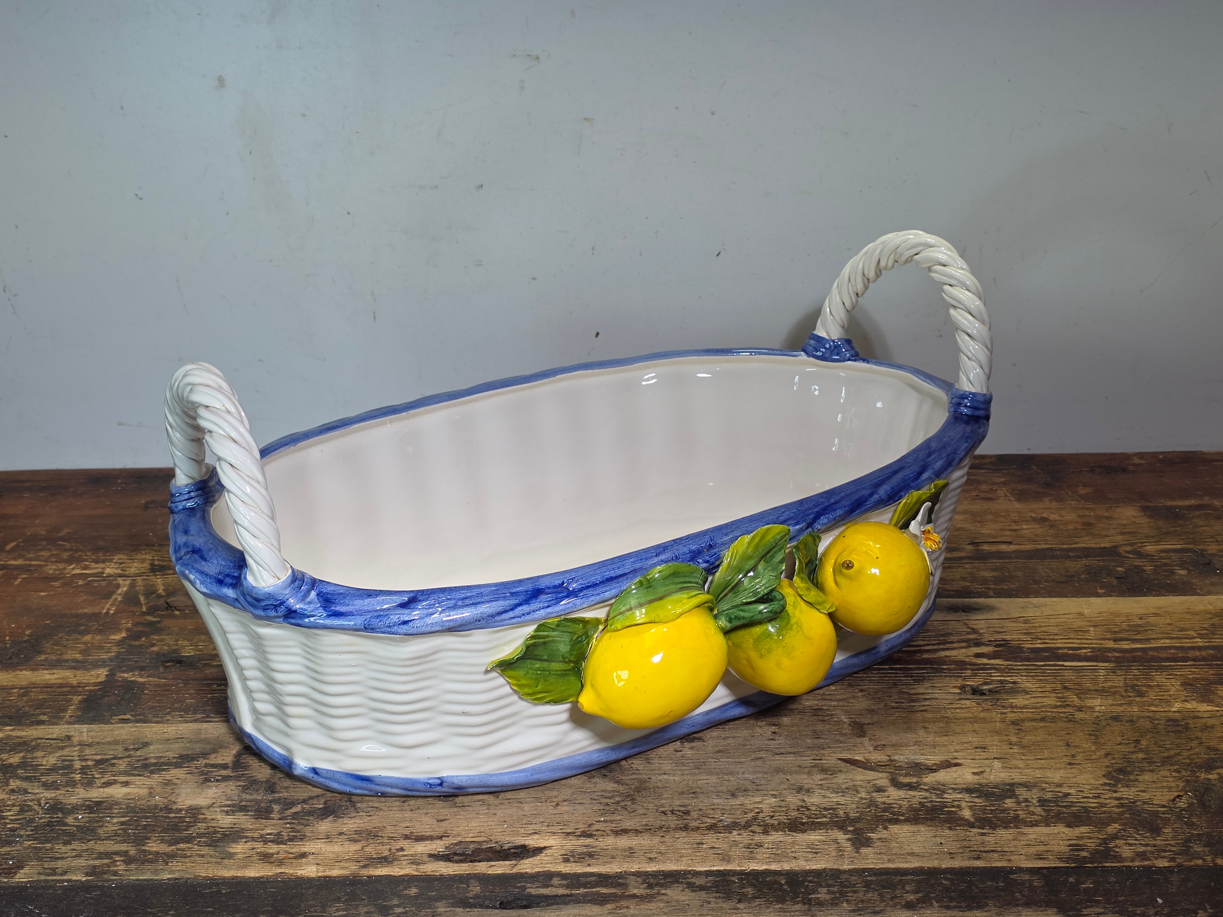 Vintage Italian Orgia Majolica Lemon Planter Basket Pot Ceramiche D'arte 19.5"L