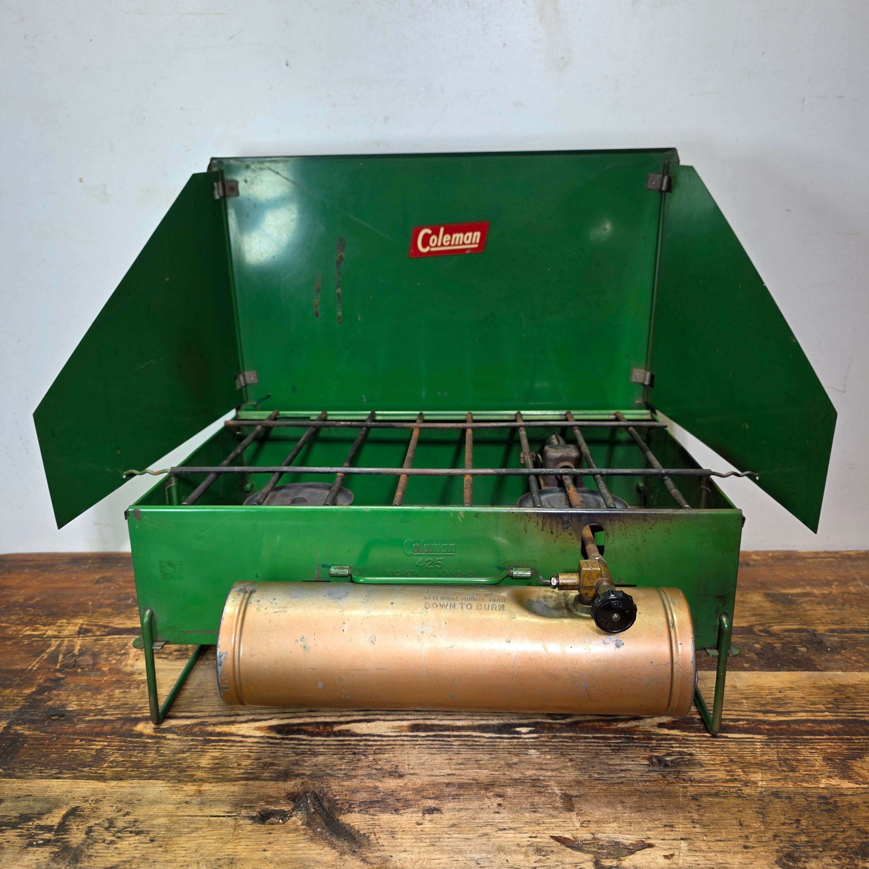 Vintage Coleman 425 Two Burner Camp Stove Gold Tank Green Case AS-IS
