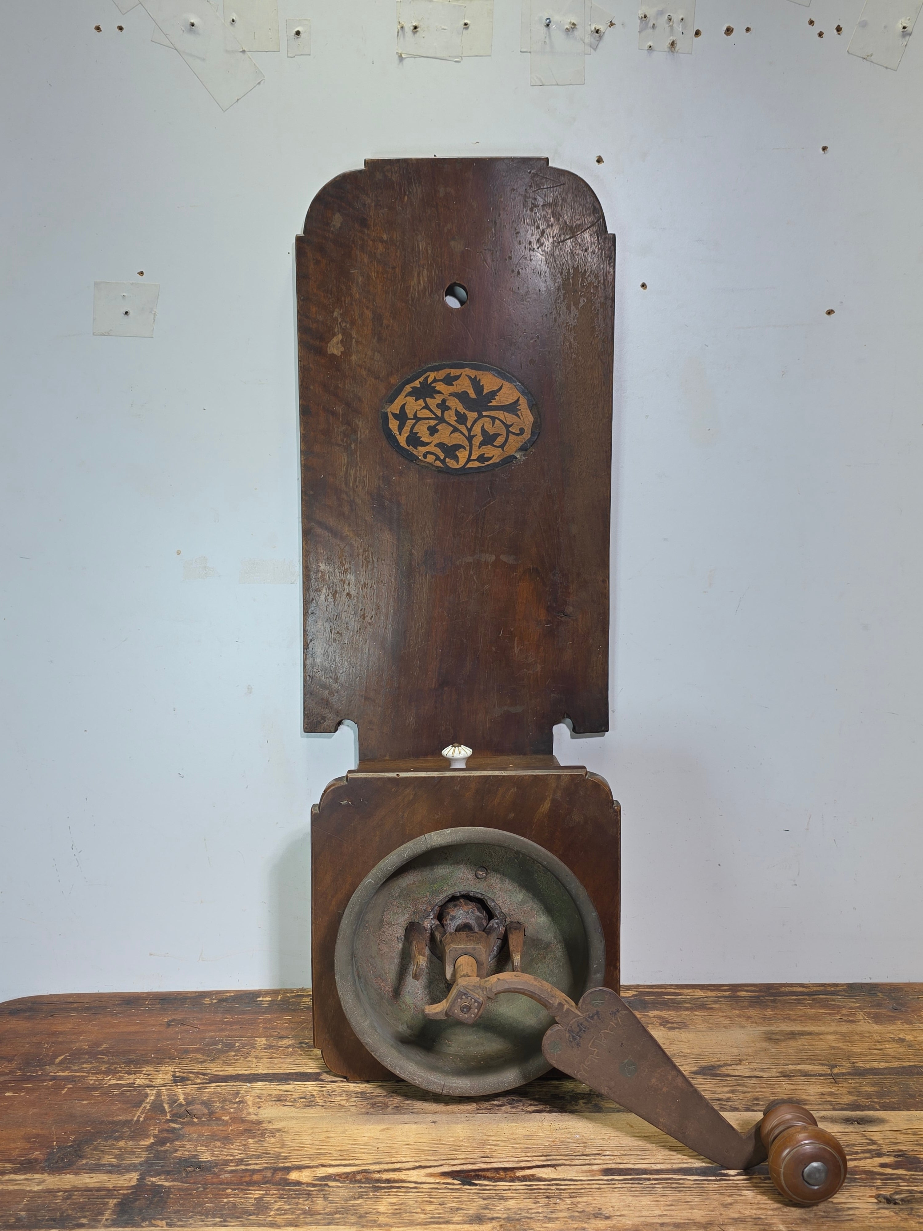 Museum Antique Ottoman Turkish Coffee Grinder Large Wooden Inlay Bird Mill 19th