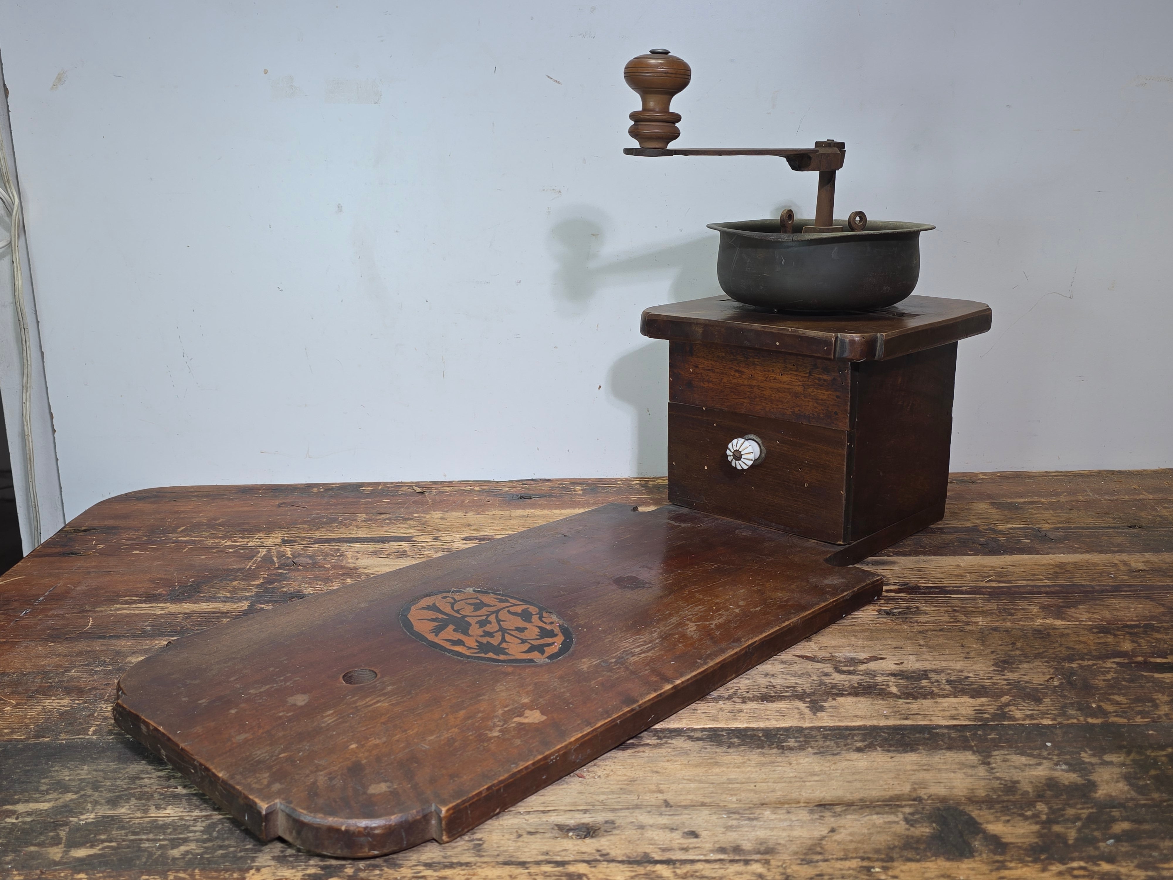 Museum Antique Ottoman Turkish Coffee Grinder Large Wooden Inlay Bird Mill 19th