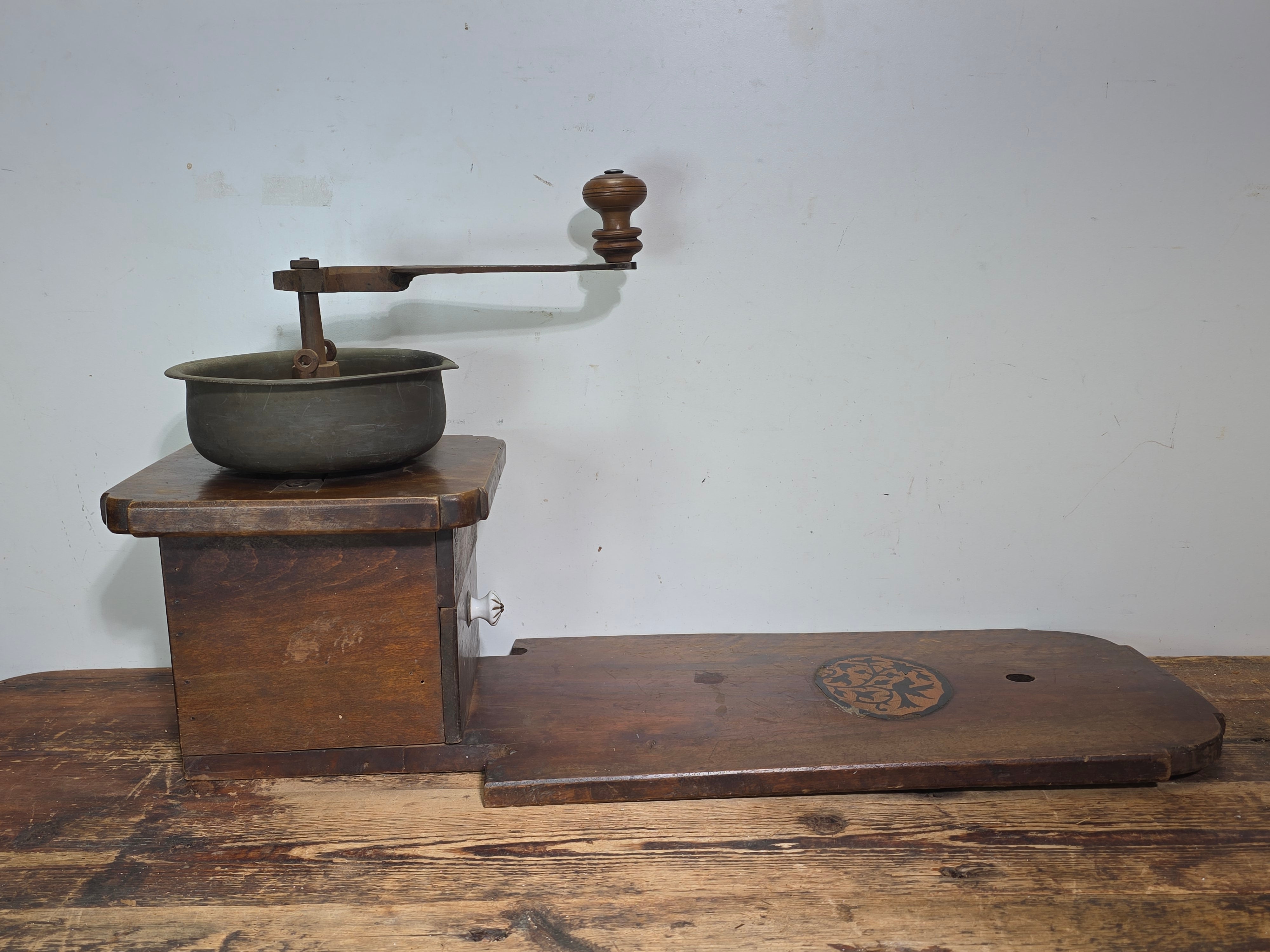 Museum Antique Ottoman Turkish Coffee Grinder Large Wooden Inlay Bird Mill 19th