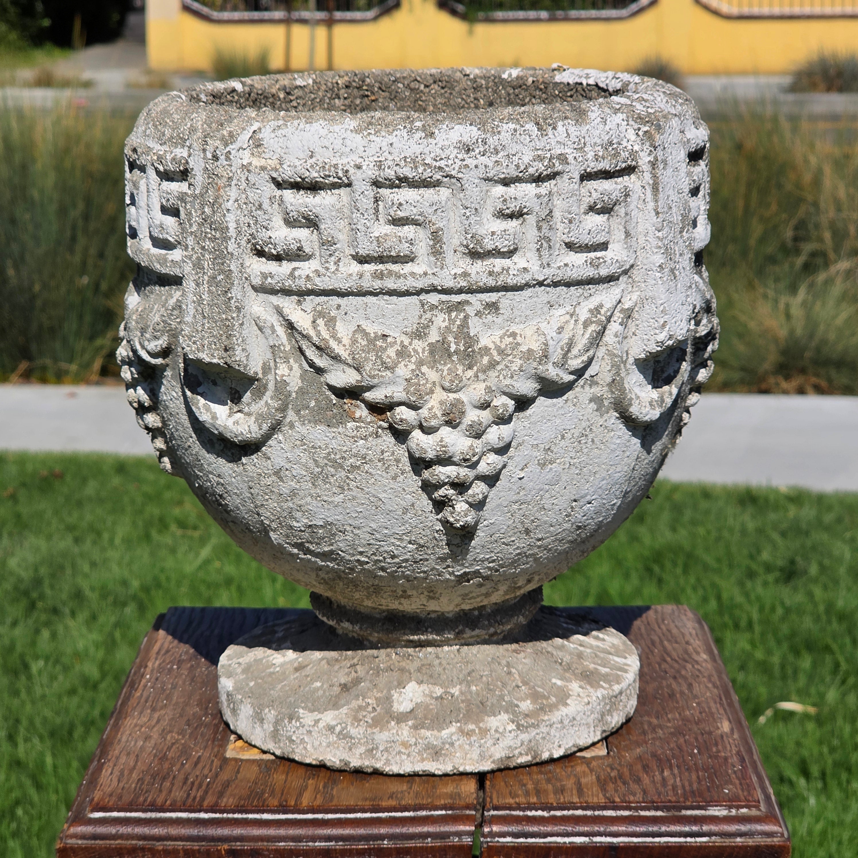 Vintage Concrete Garden Planter Greek Key Grape Urn Cast Stone Heavy Pot 22 lbs