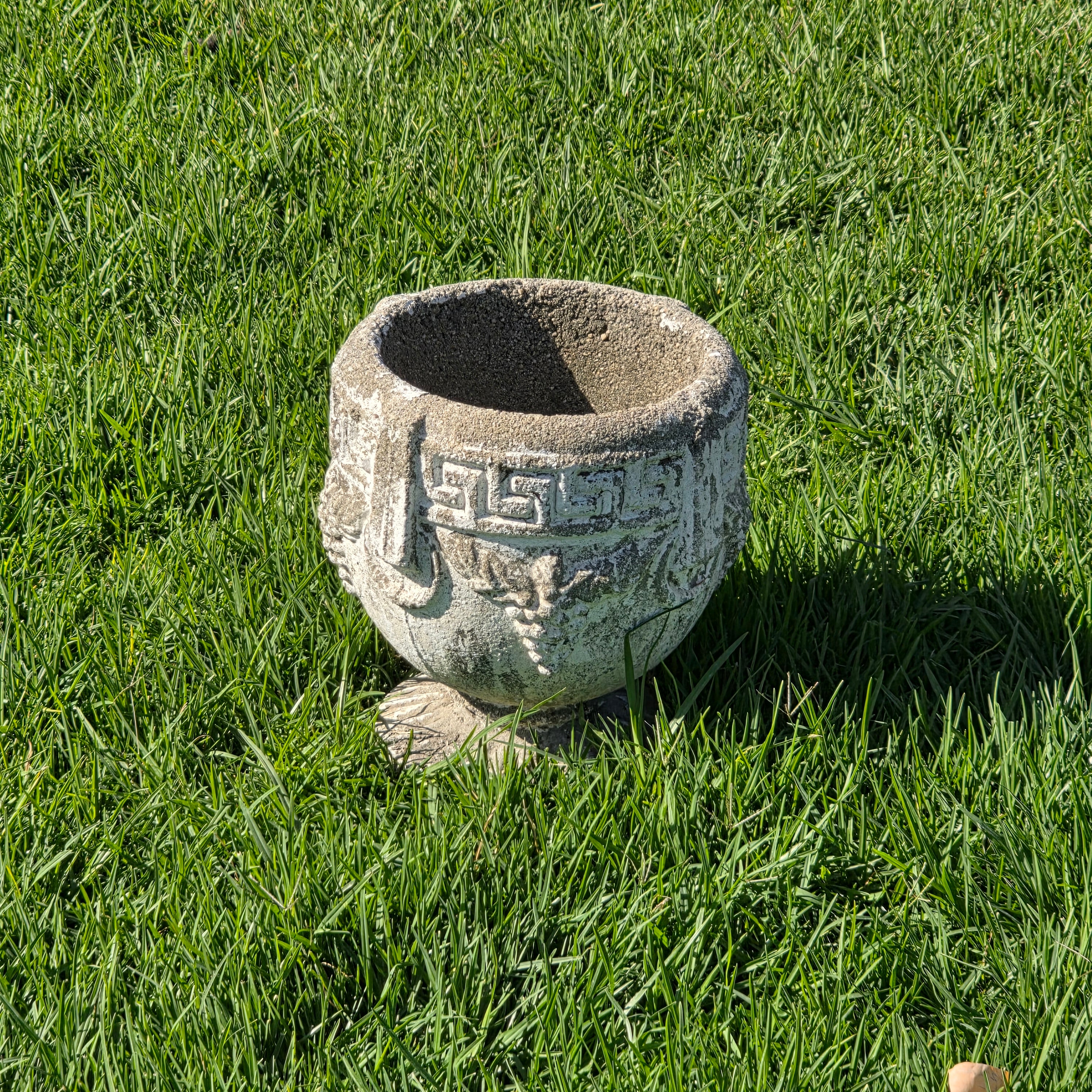 Vintage Concrete Garden Planter Greek Key Grape Urn Cast Stone Heavy Pot 22 lbs