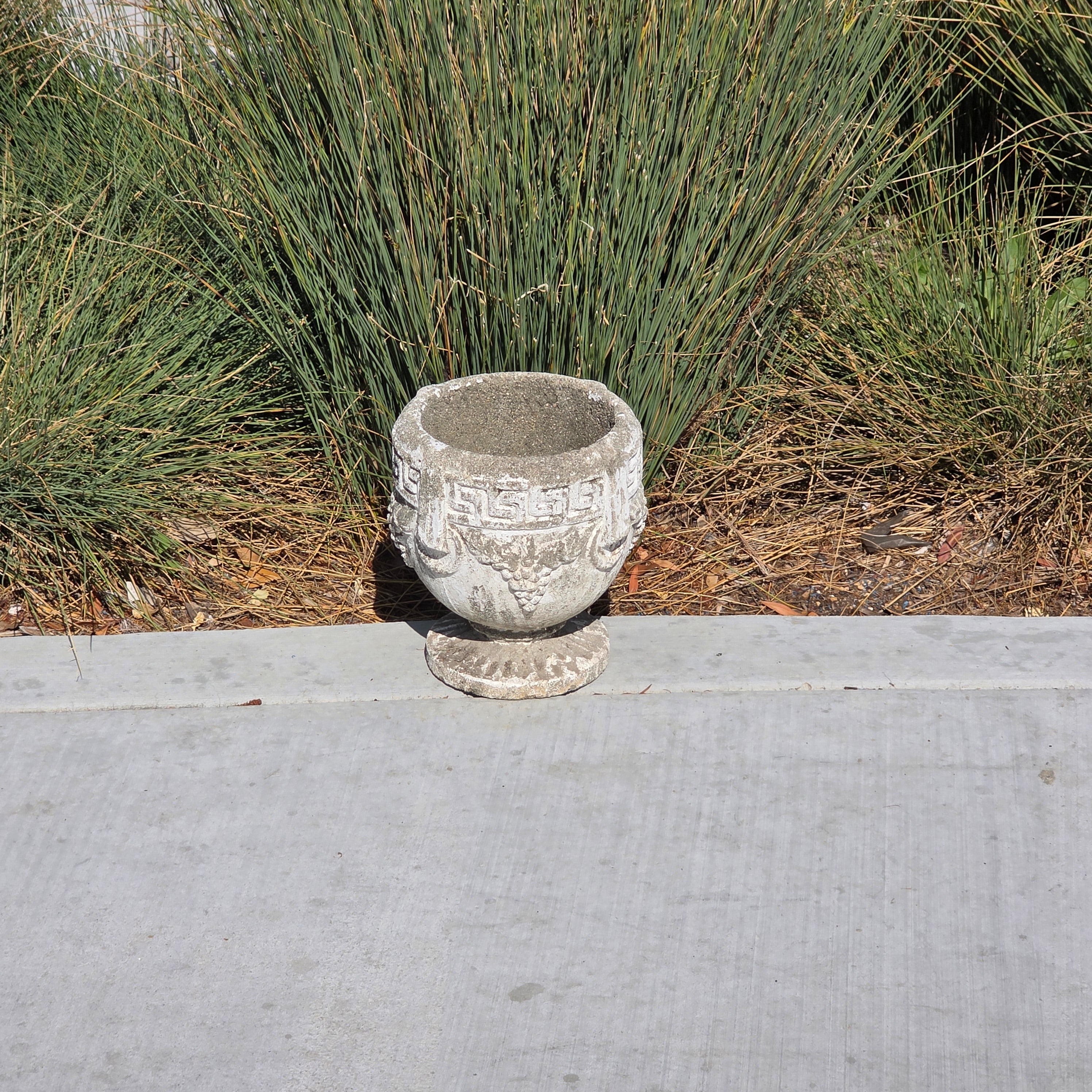 Vintage Concrete Garden Planter Greek Key Grape Urn Cast Stone Heavy Pot 22 lbs