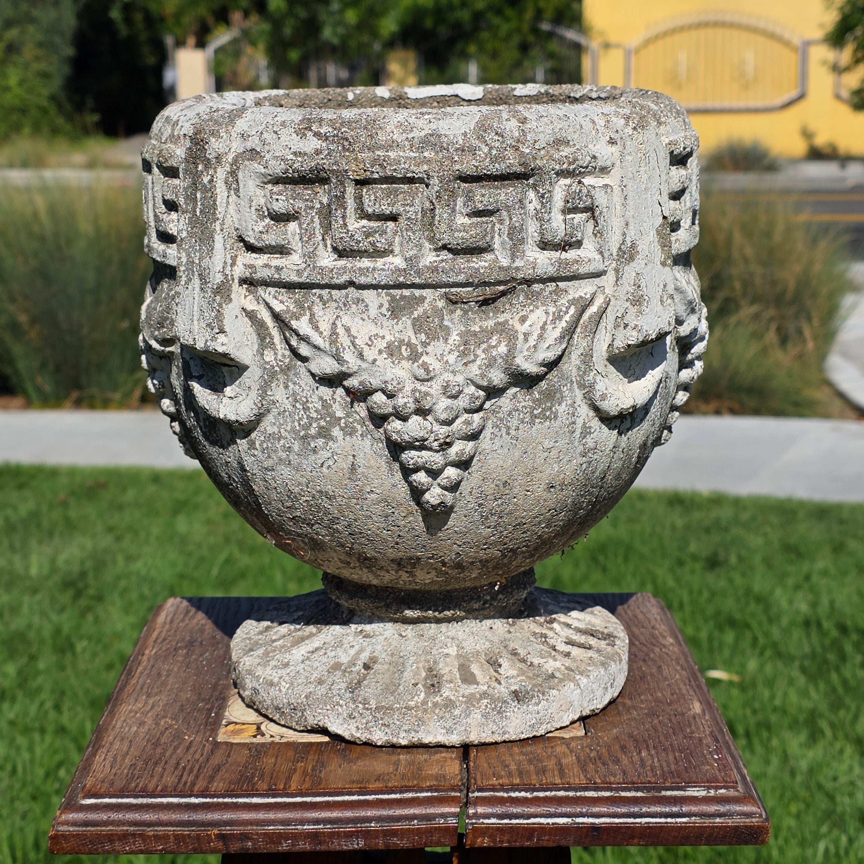 Vintage Concrete Garden Planter Greek Key Grape Urn Cast Stone Heavy Pot Repair
