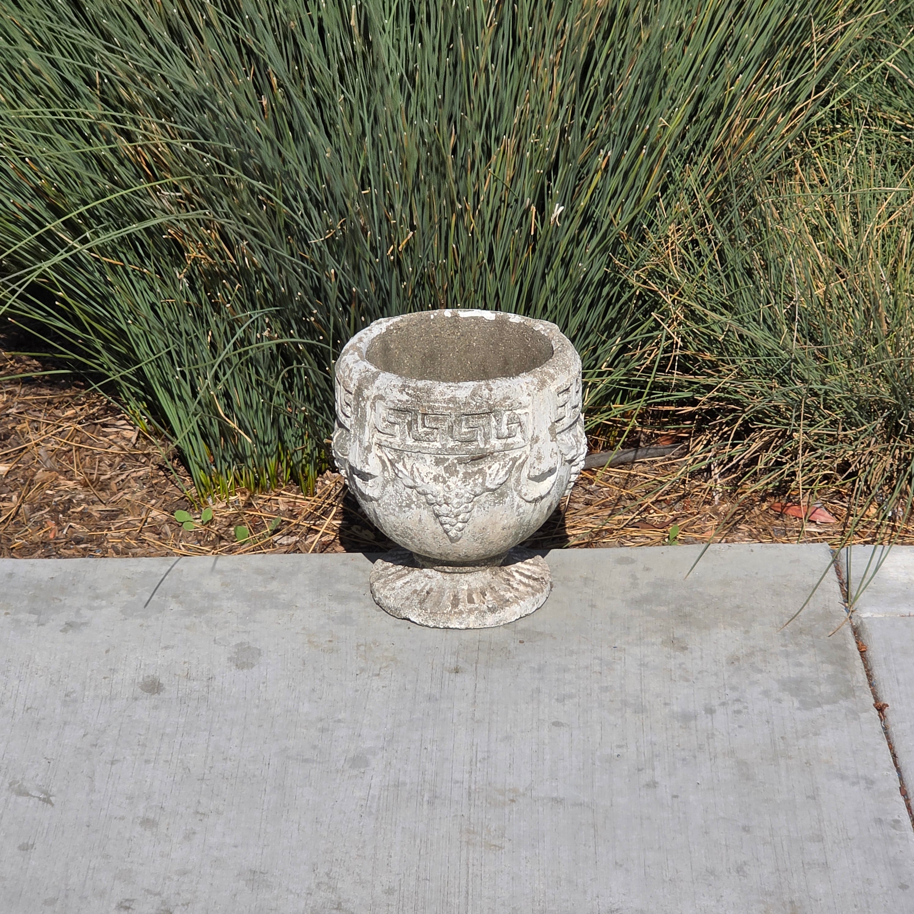 Vintage Concrete Garden Planter Greek Key Grape Urn Cast Stone Heavy Pot Repair