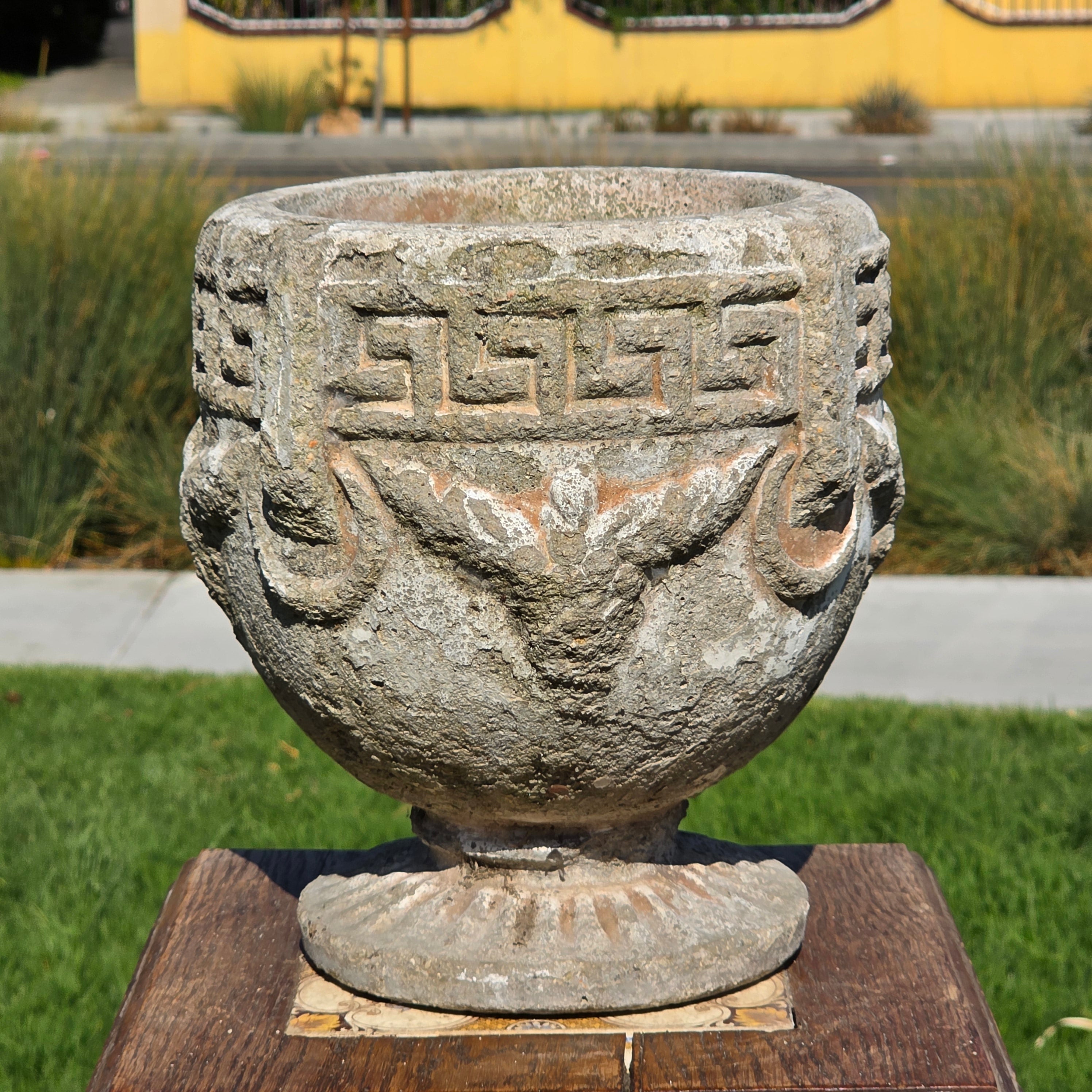Vintage Concrete Garden Planter Greek Key Grape Urn Cast Stone Heavy Pot 18 lbs