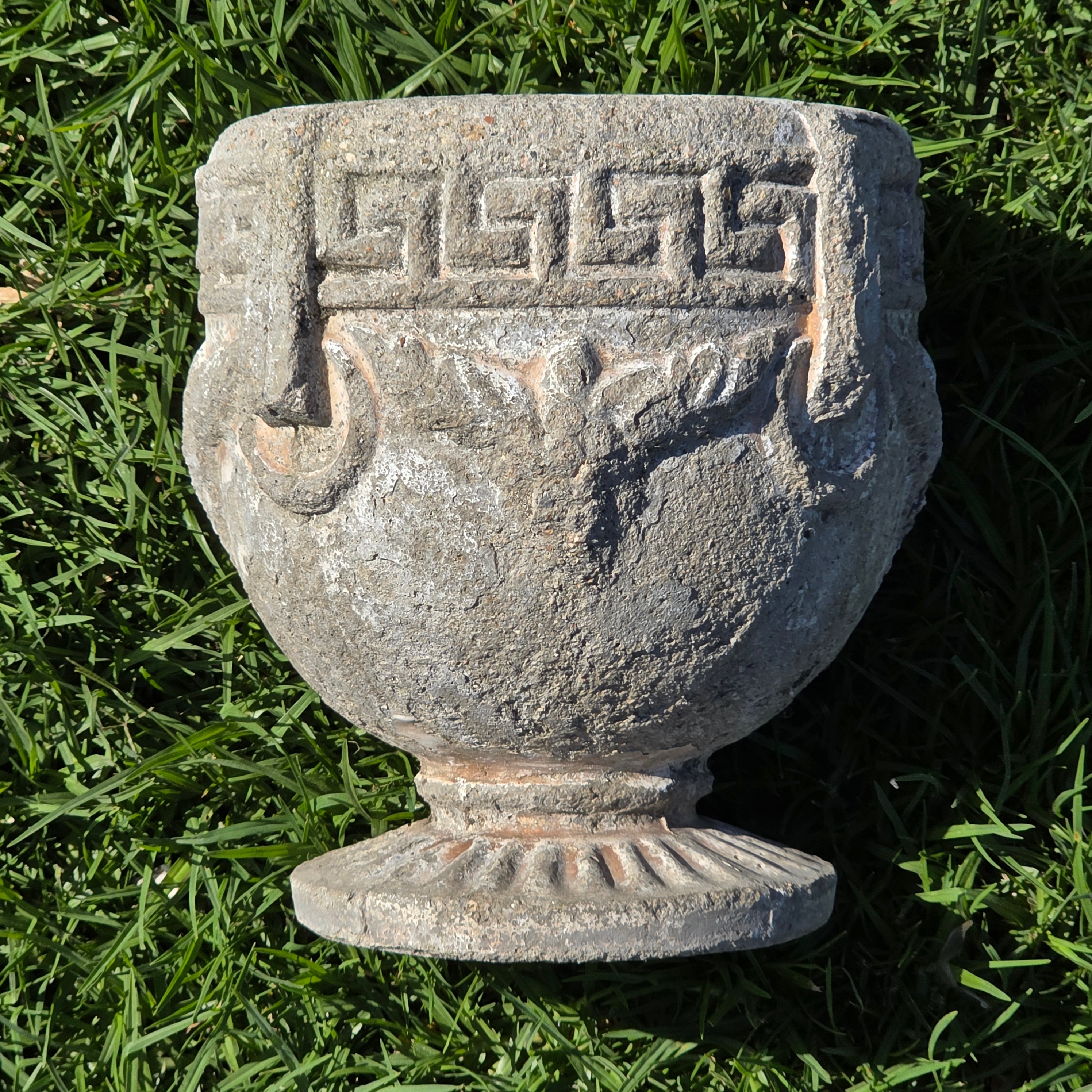 Vintage Concrete Garden Planter Greek Key Grape Urn Cast Stone Heavy Pot 18 lbs