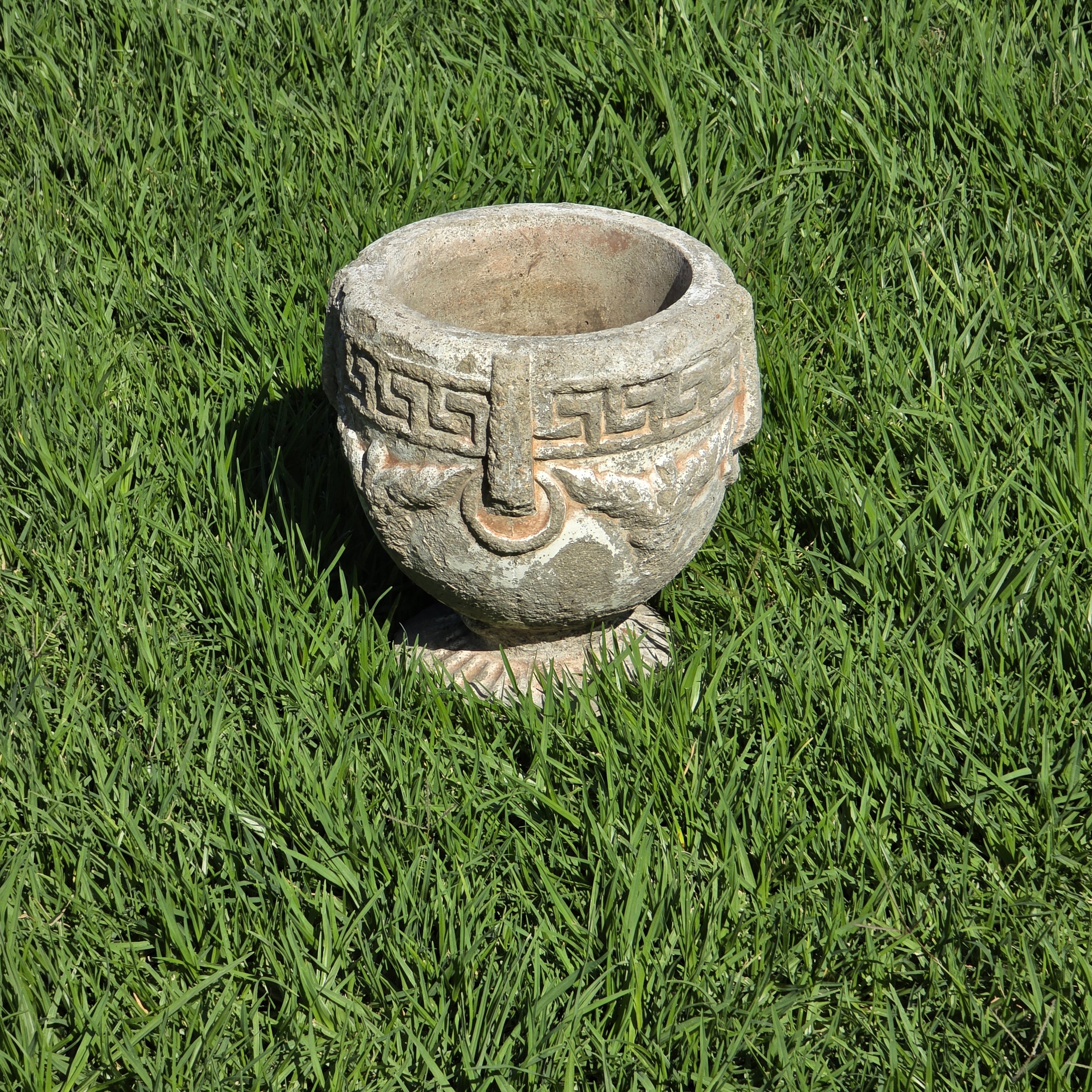 Vintage Concrete Garden Planter Greek Key Grape Urn Cast Stone Heavy Pot 18 lbs