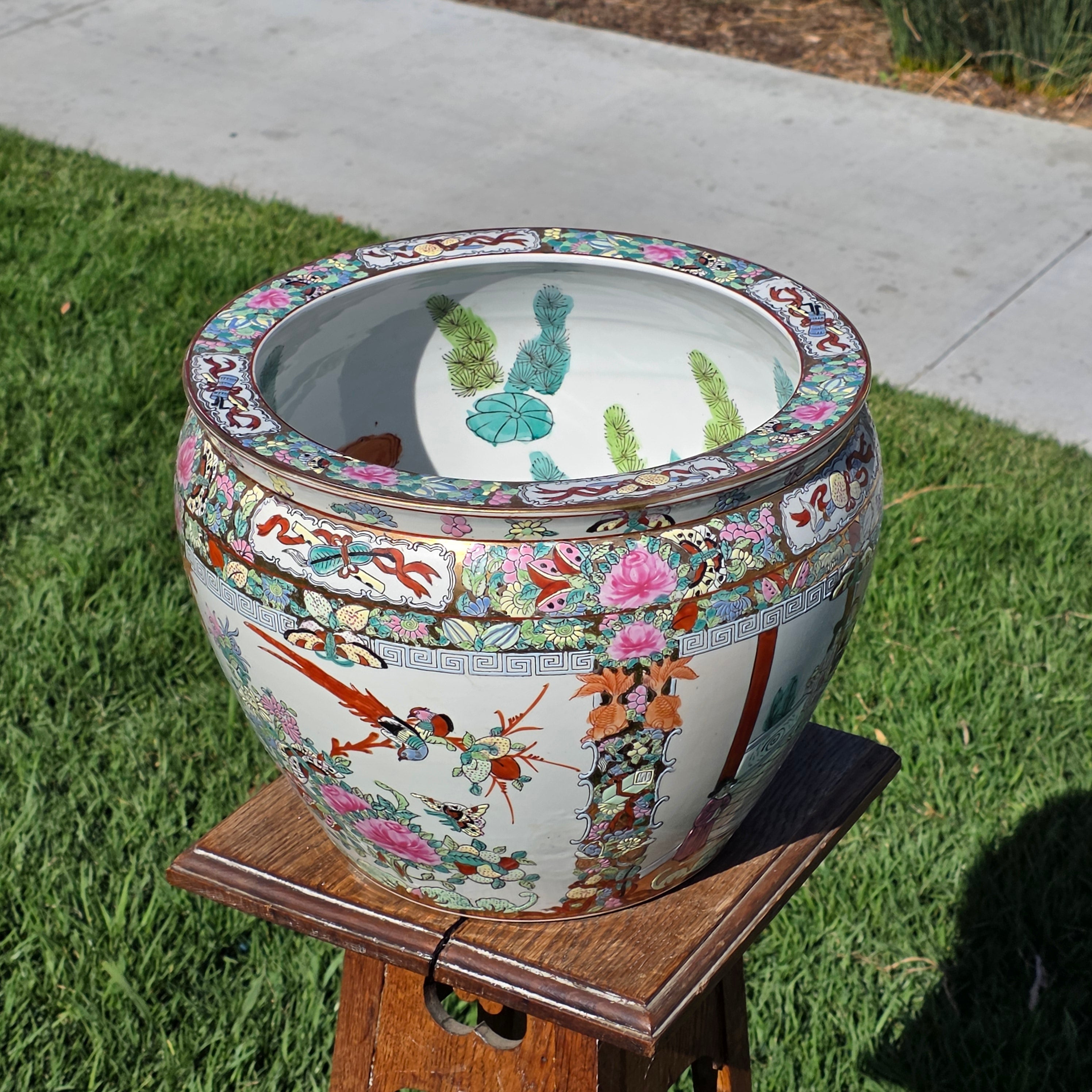Large Chinese Koi Chrysanthemum Planter Incised Fish Bowl Vase Jardiniere 12"