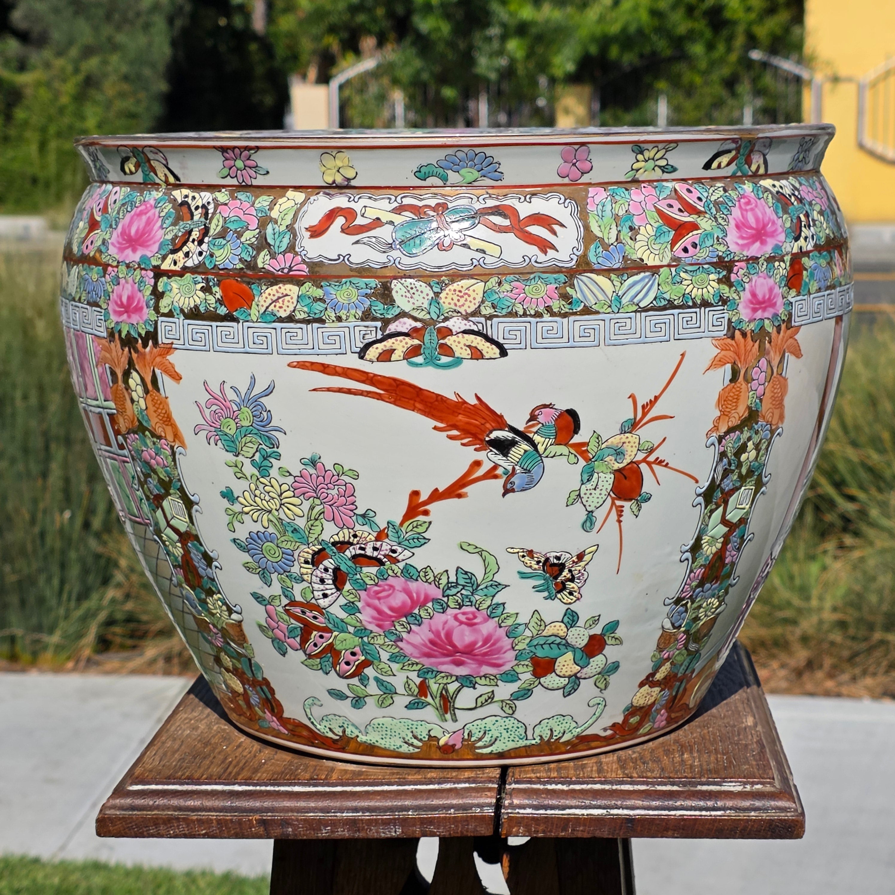 Large Chinese Koi Chrysanthemum Planter Incised Fish Bowl Vase Jardiniere 12"