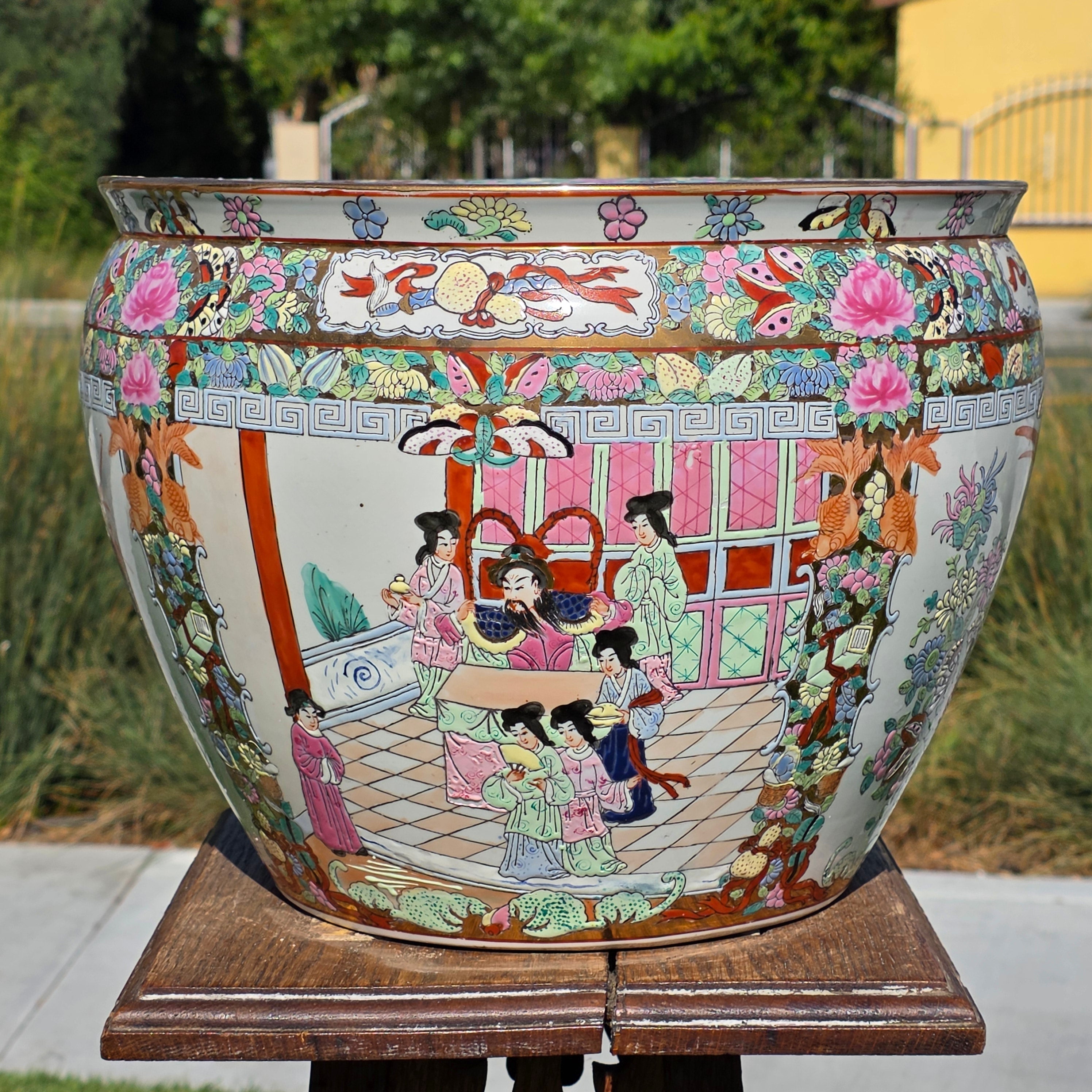 Large Chinese Koi Chrysanthemum Planter Incised Fish Bowl Vase Jardiniere 12"