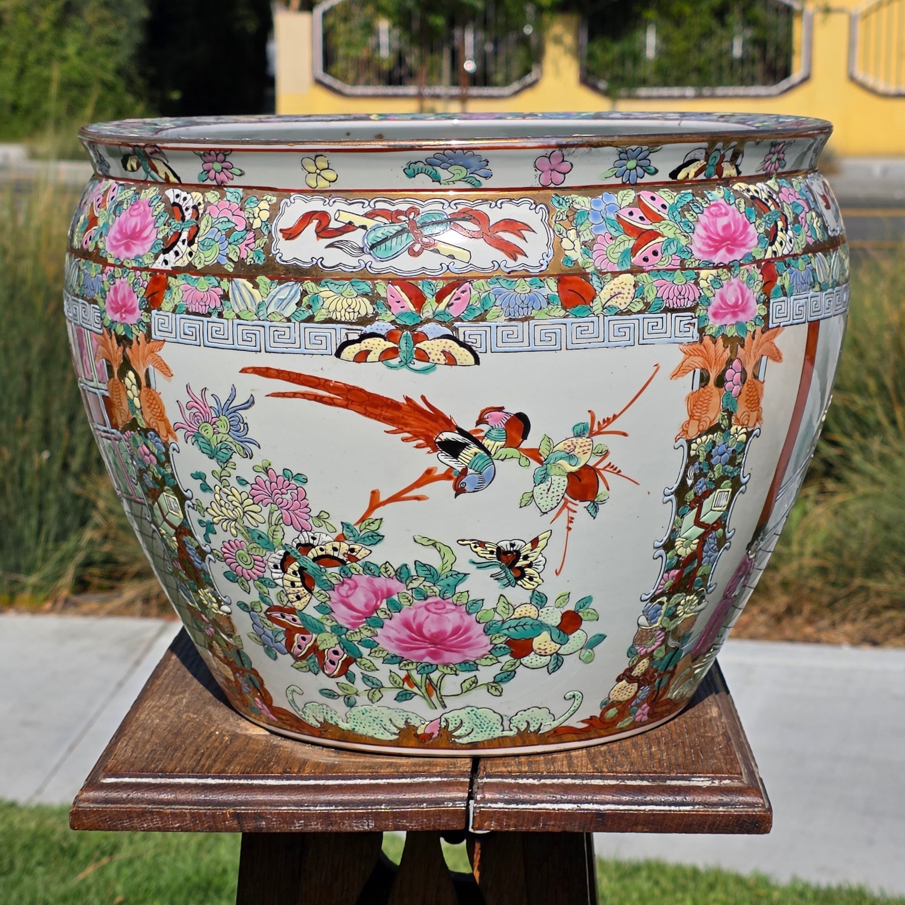 Large Chinese Koi Chrysanthemum Planter Incised Fish Bowl Vase Jardiniere 12"