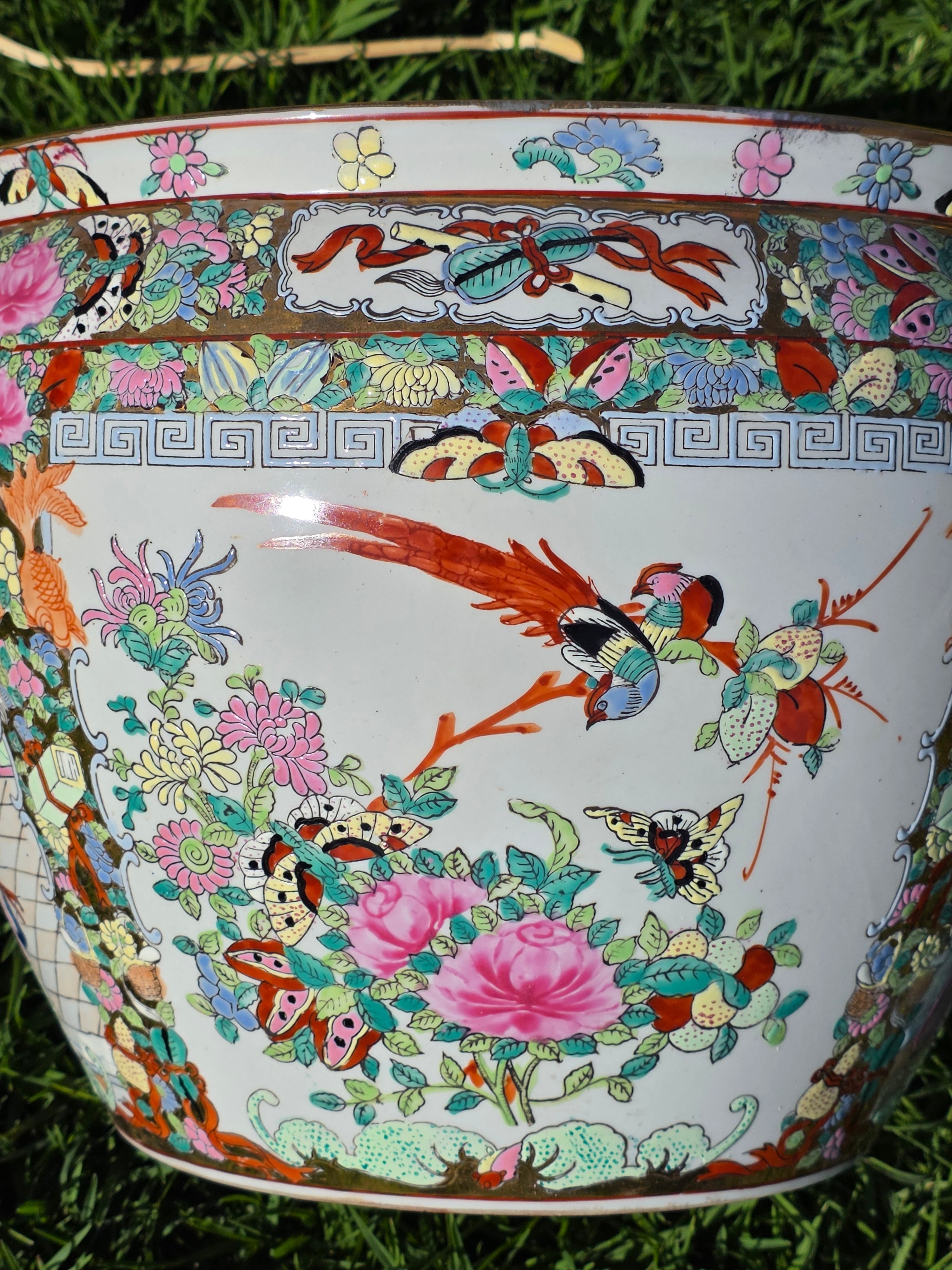 Large Chinese Koi Chrysanthemum Planter Incised Fish Bowl Vase Jardiniere 12"