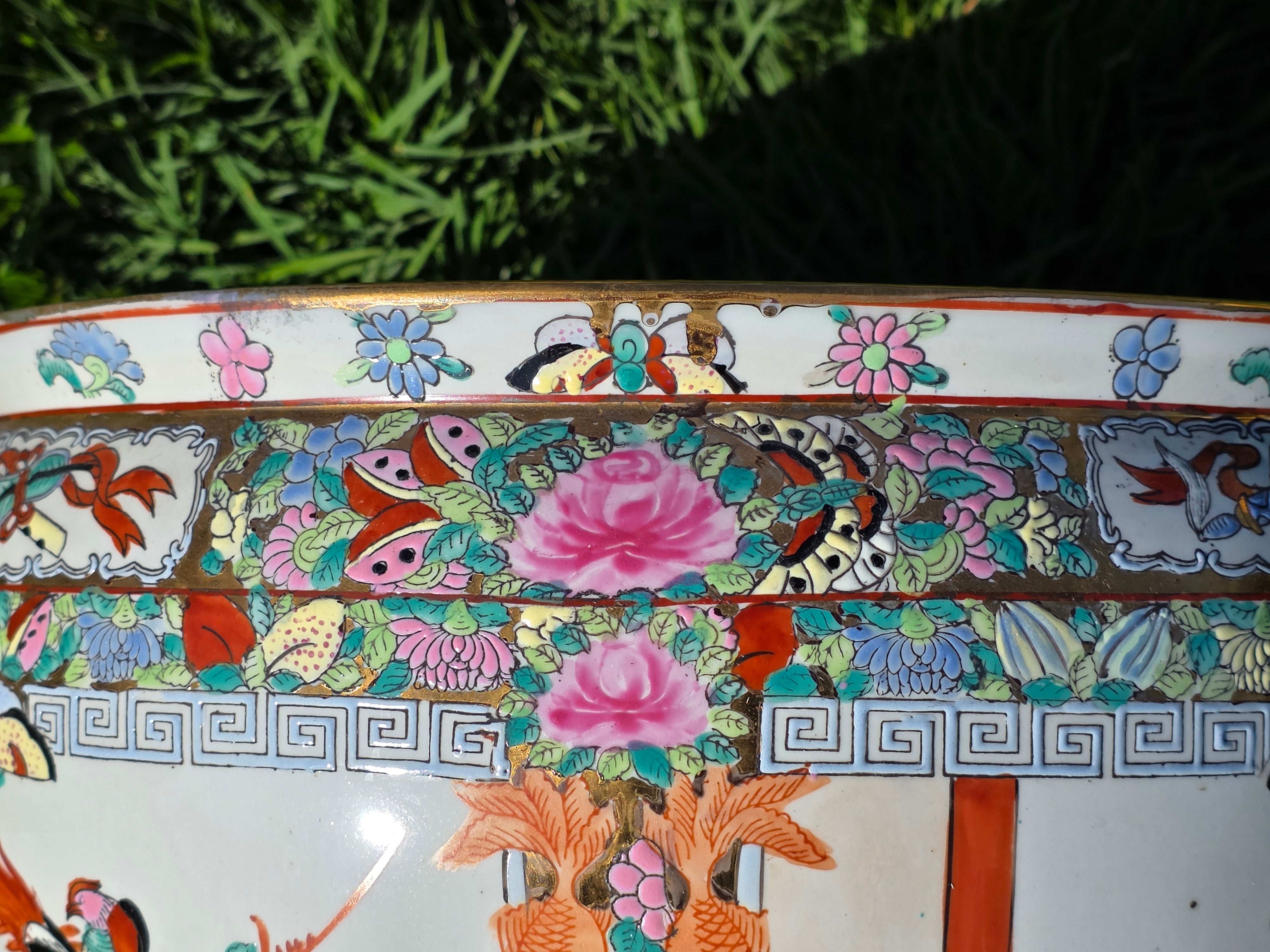 Large Chinese Koi Chrysanthemum Planter Incised Fish Bowl Vase Jardiniere 12"
