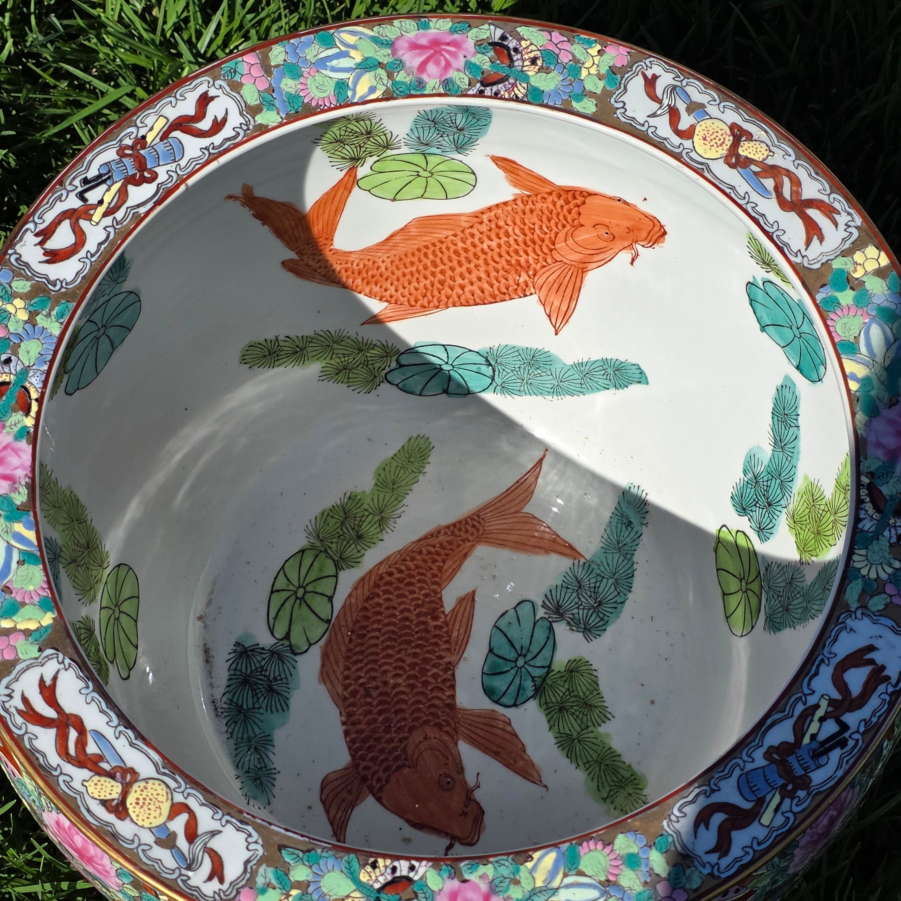 Large Chinese Koi Chrysanthemum Planter Incised Fish Bowl Vase Jardiniere 12"