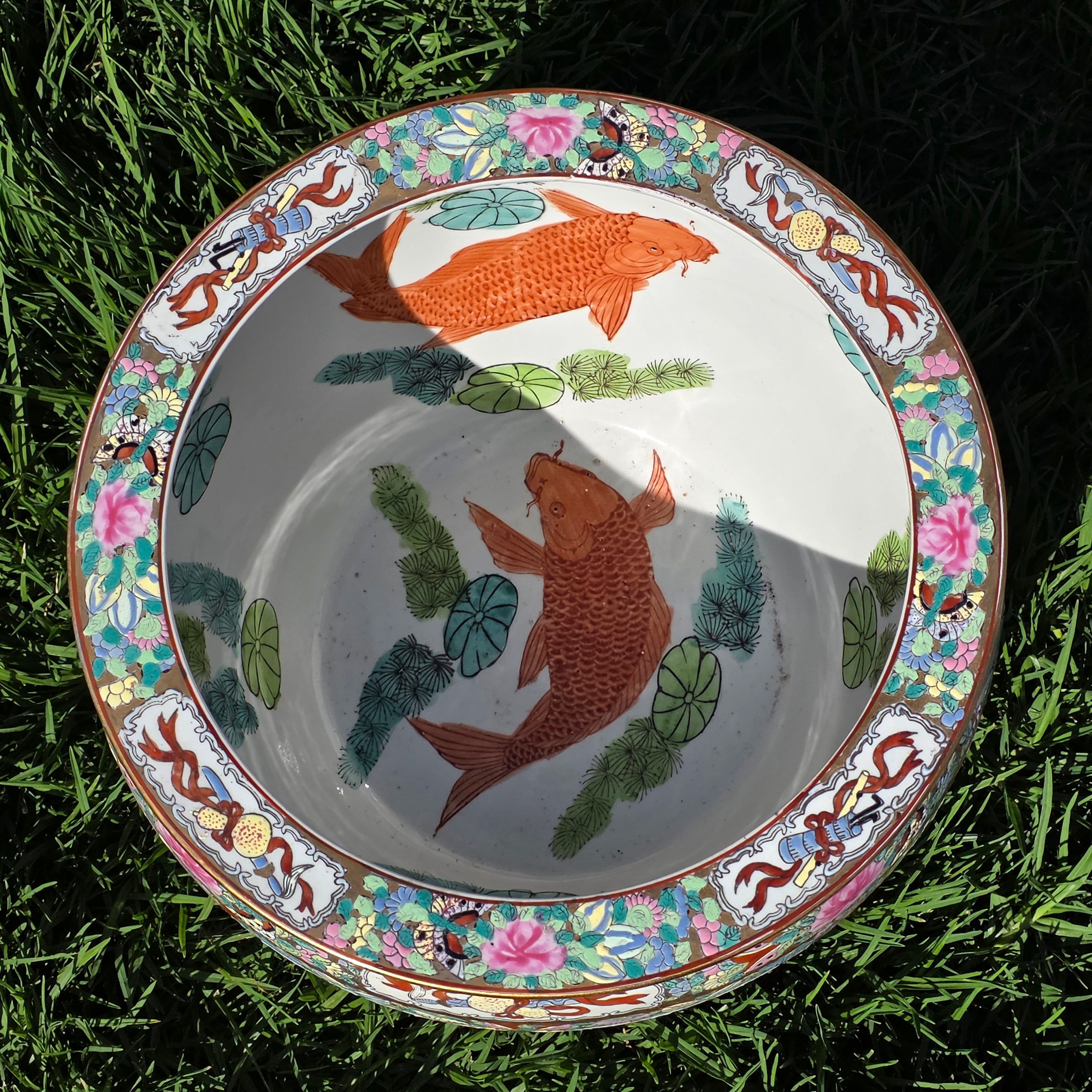 Large Chinese Koi Chrysanthemum Planter Incised Fish Bowl Vase Jardiniere 12"