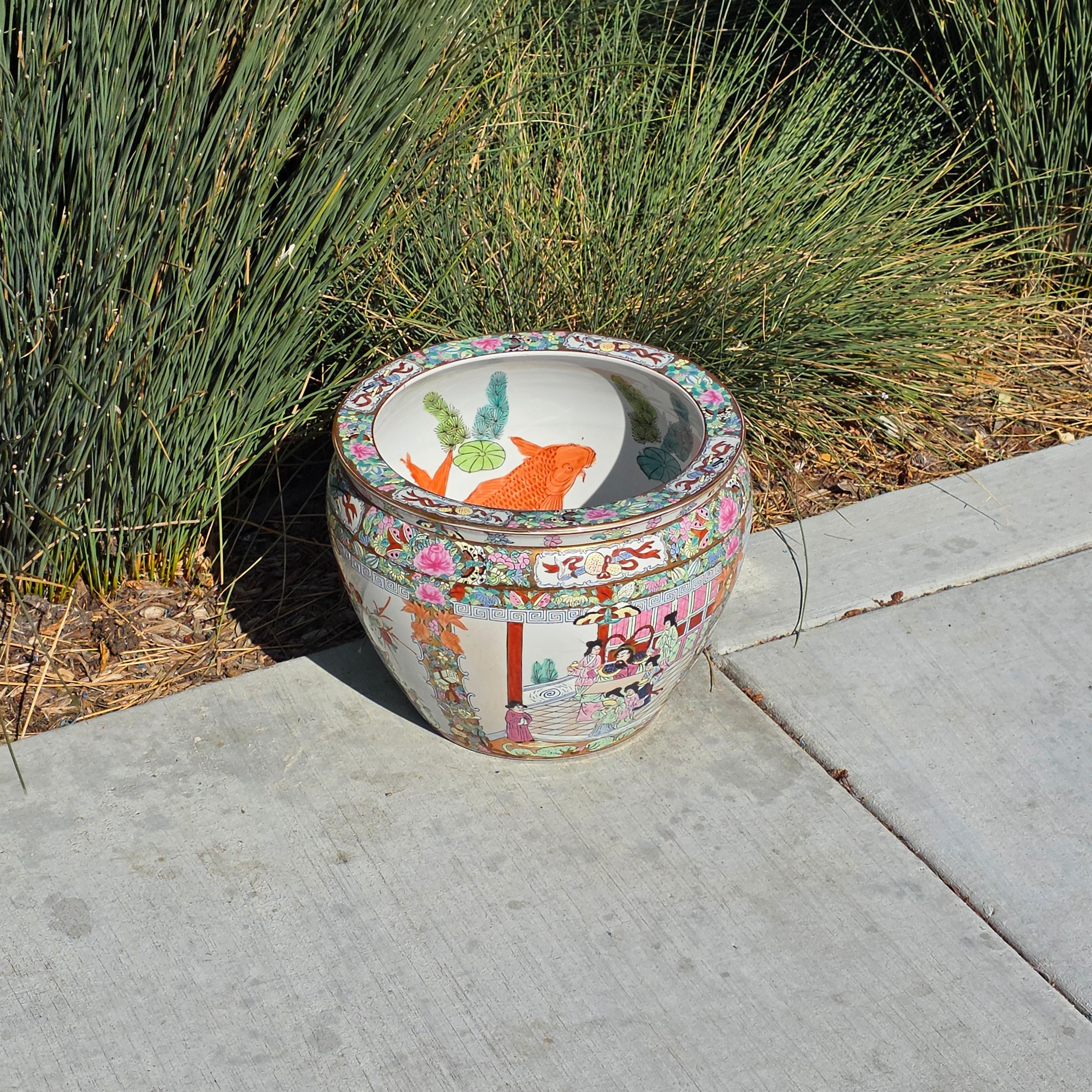 Large Chinese Koi Chrysanthemum Planter Incised Fish Bowl Vase Jardiniere 12"