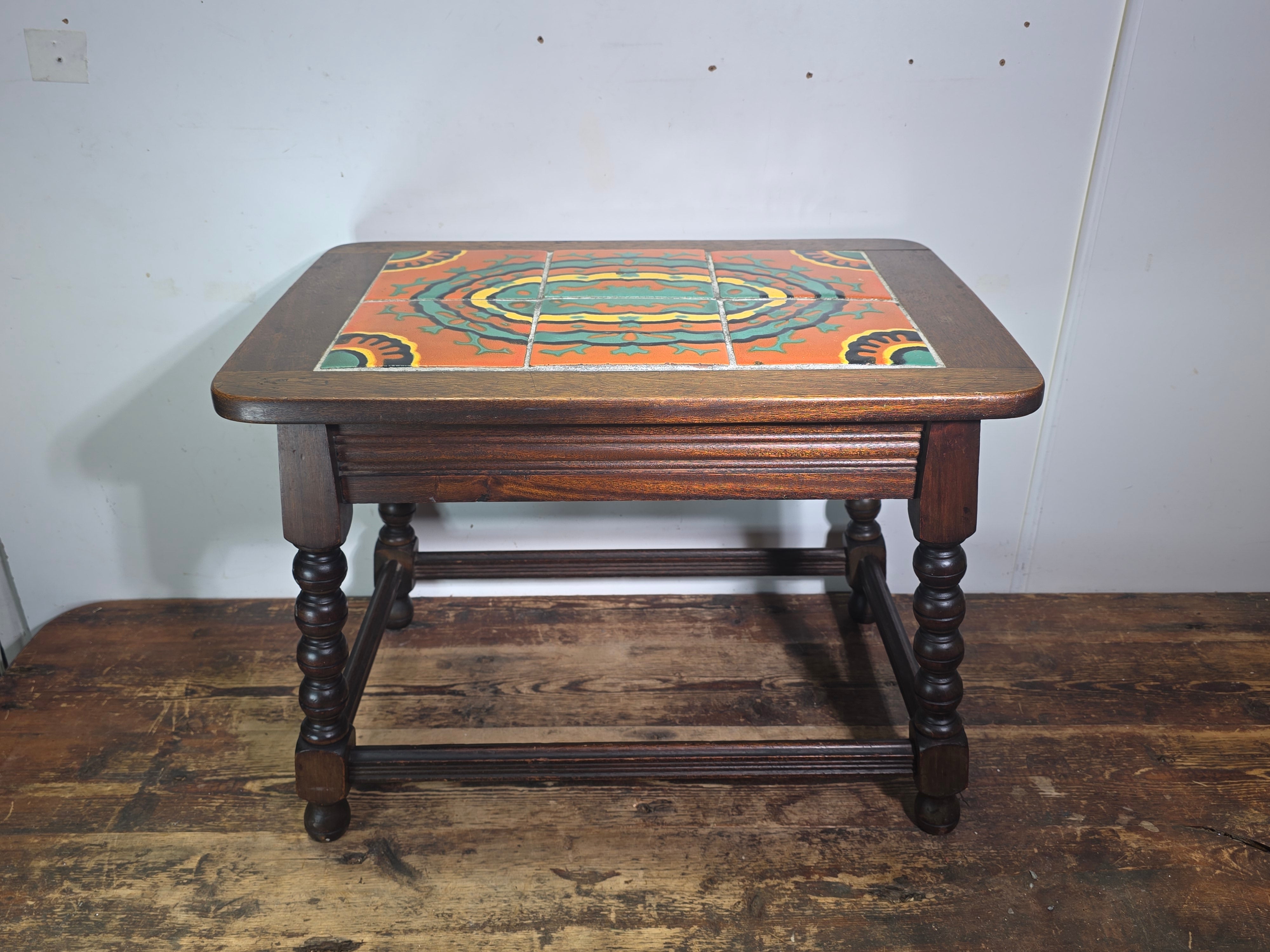 Vintage 1930s Taylor Tile Top Spanish Coffee Table Antique Wood Side Orange