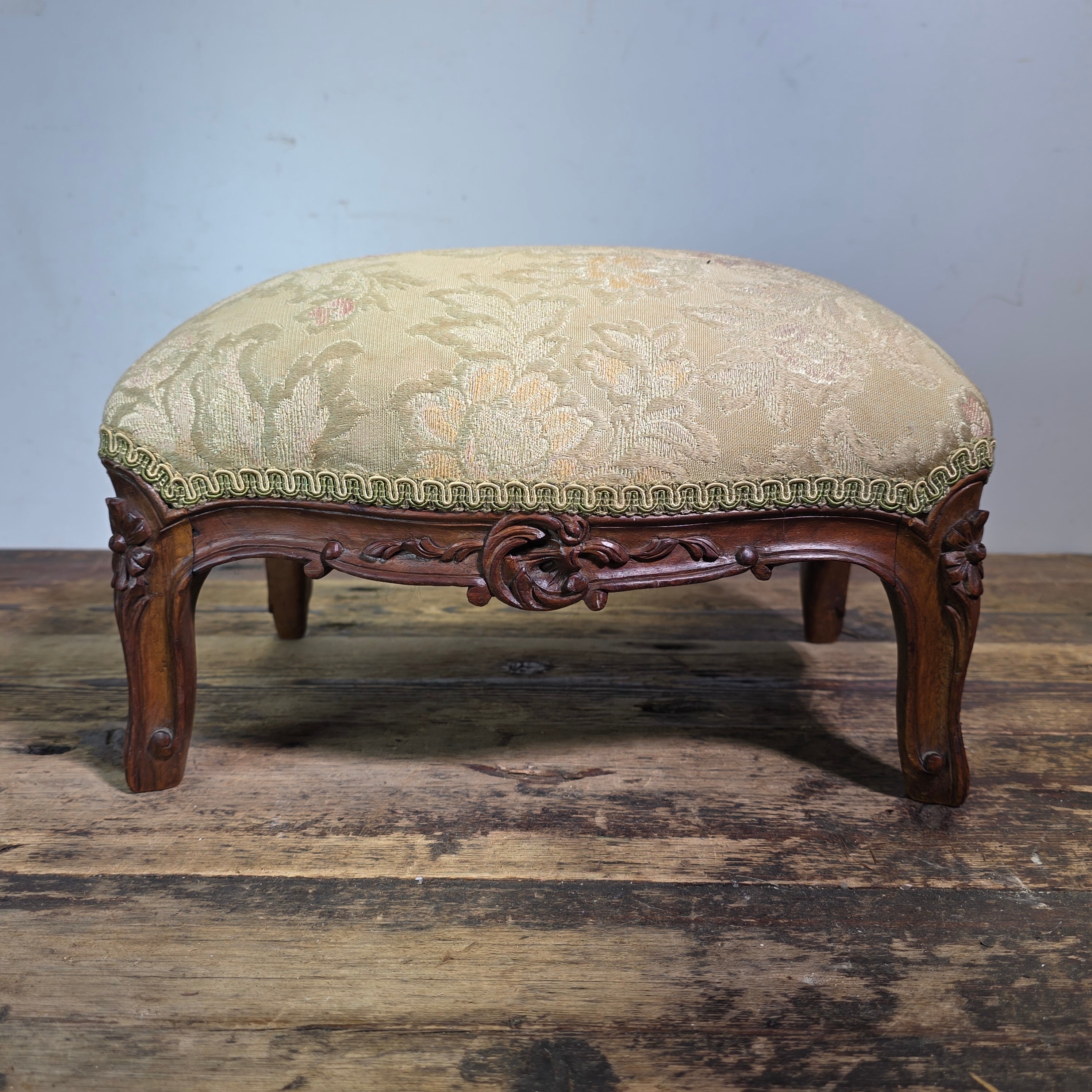 Vintage Louis XV Style Footstool Ottoman Carved Wood Rococo Brocade Small Stool