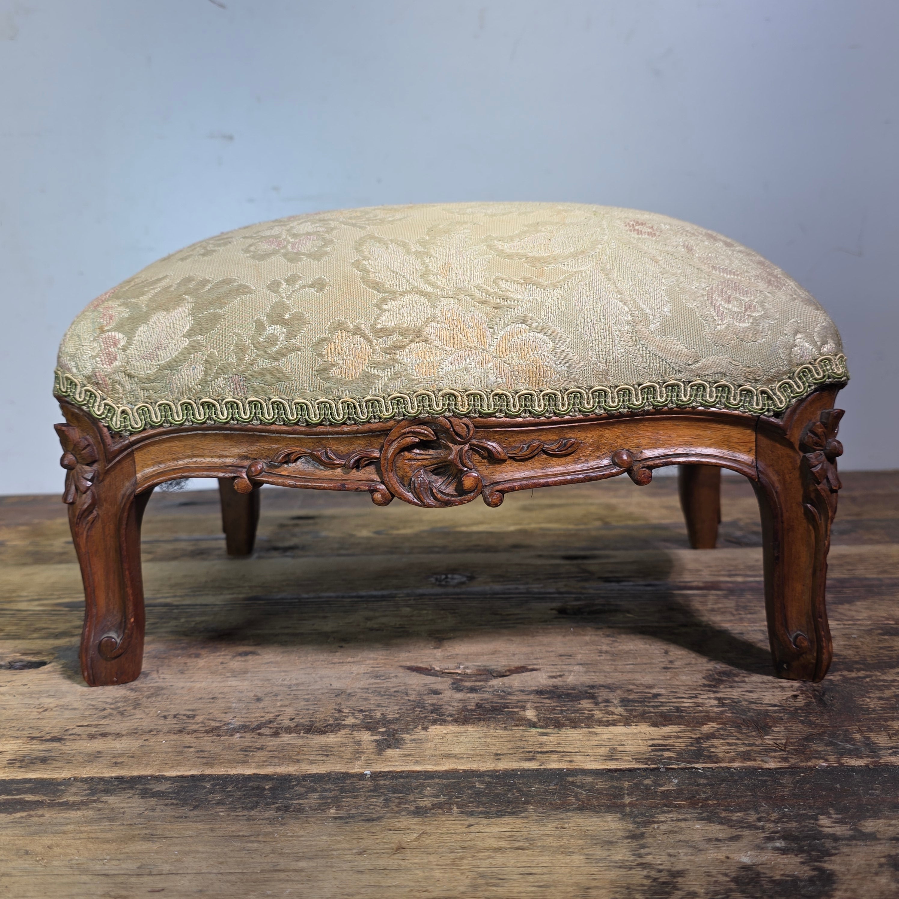 Vintage Louis XV Style Footstool Ottoman Carved Wood Rococo Brocade Small Stool
