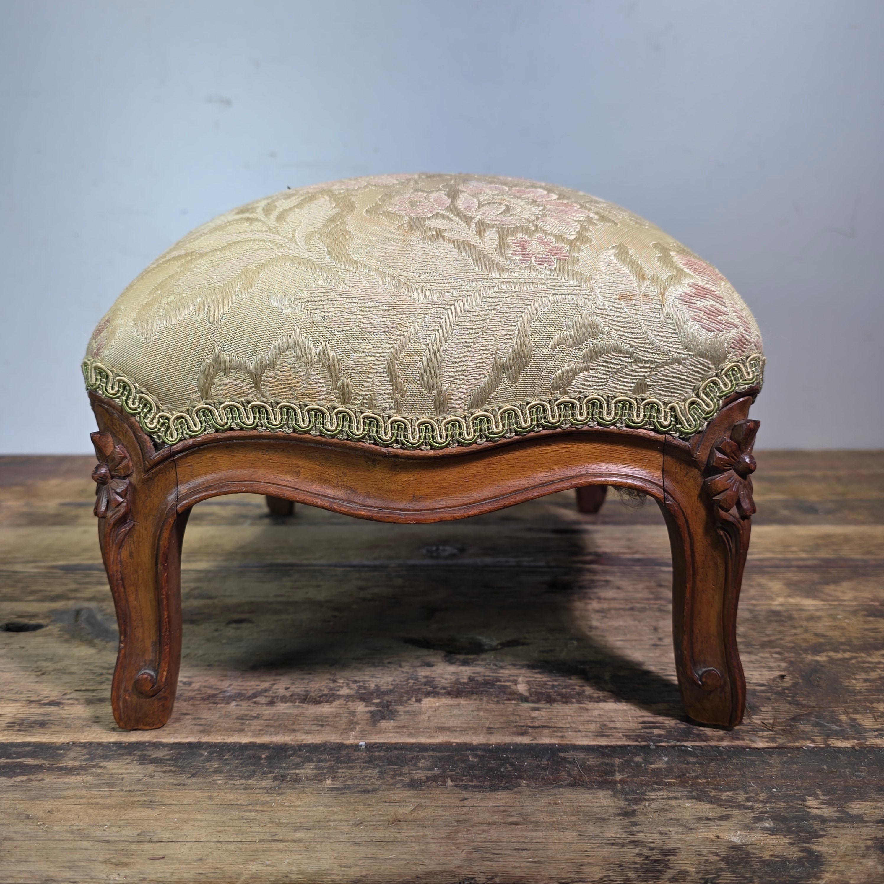 Vintage Louis XV Style Footstool Ottoman Carved Wood Rococo Brocade Small Stool