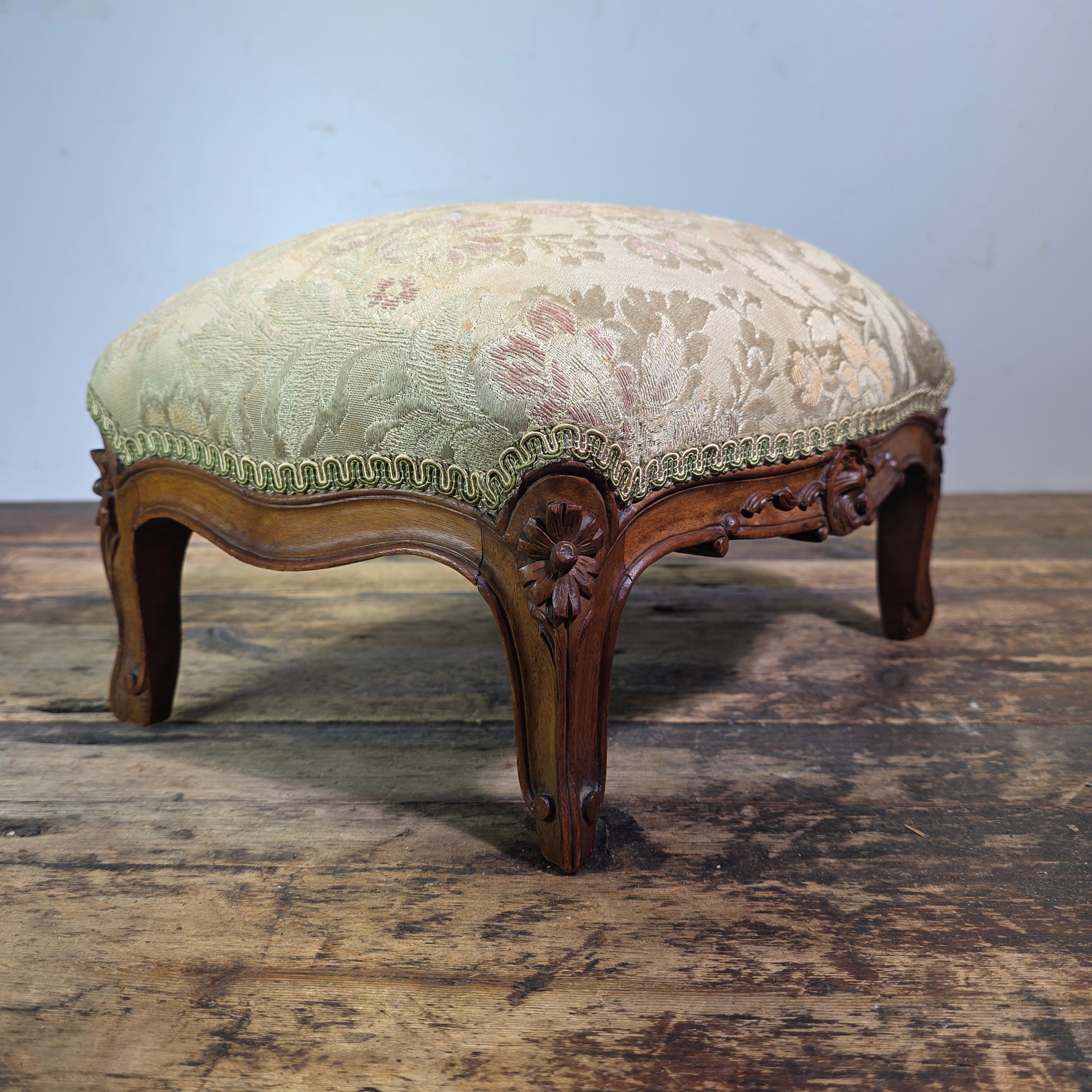 Vintage Louis XV Style Footstool Ottoman Carved Wood Rococo Brocade Small Stool