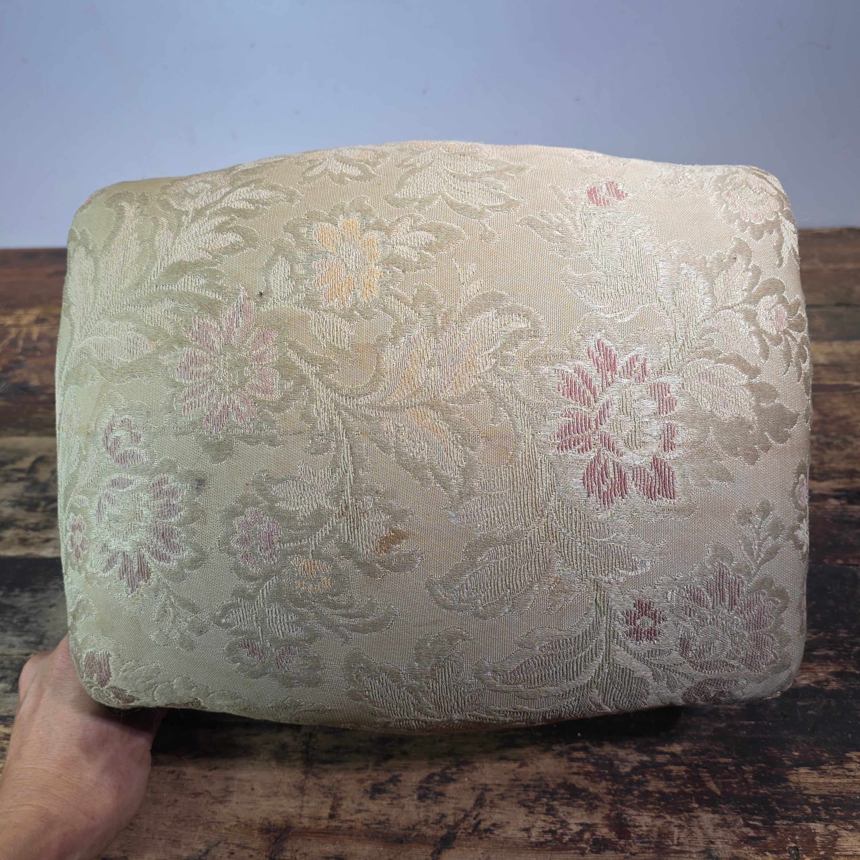 Vintage Louis XV Style Footstool Ottoman Carved Wood Rococo Brocade Small Stool