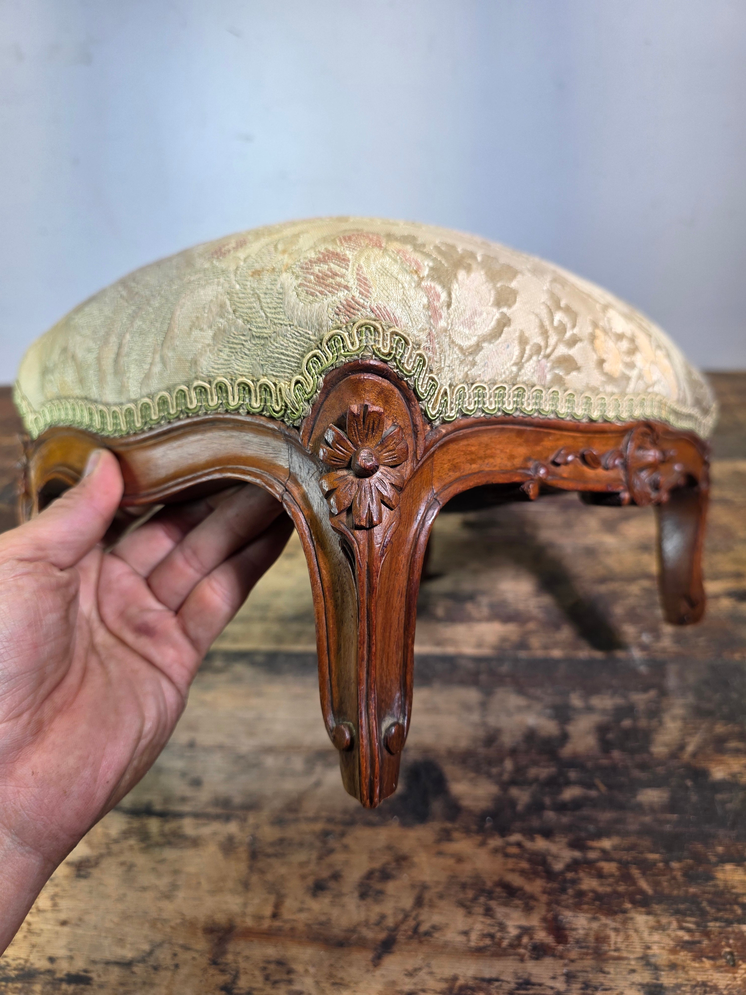 Vintage Louis XV Style Footstool Ottoman Carved Wood Rococo Brocade Small Stool