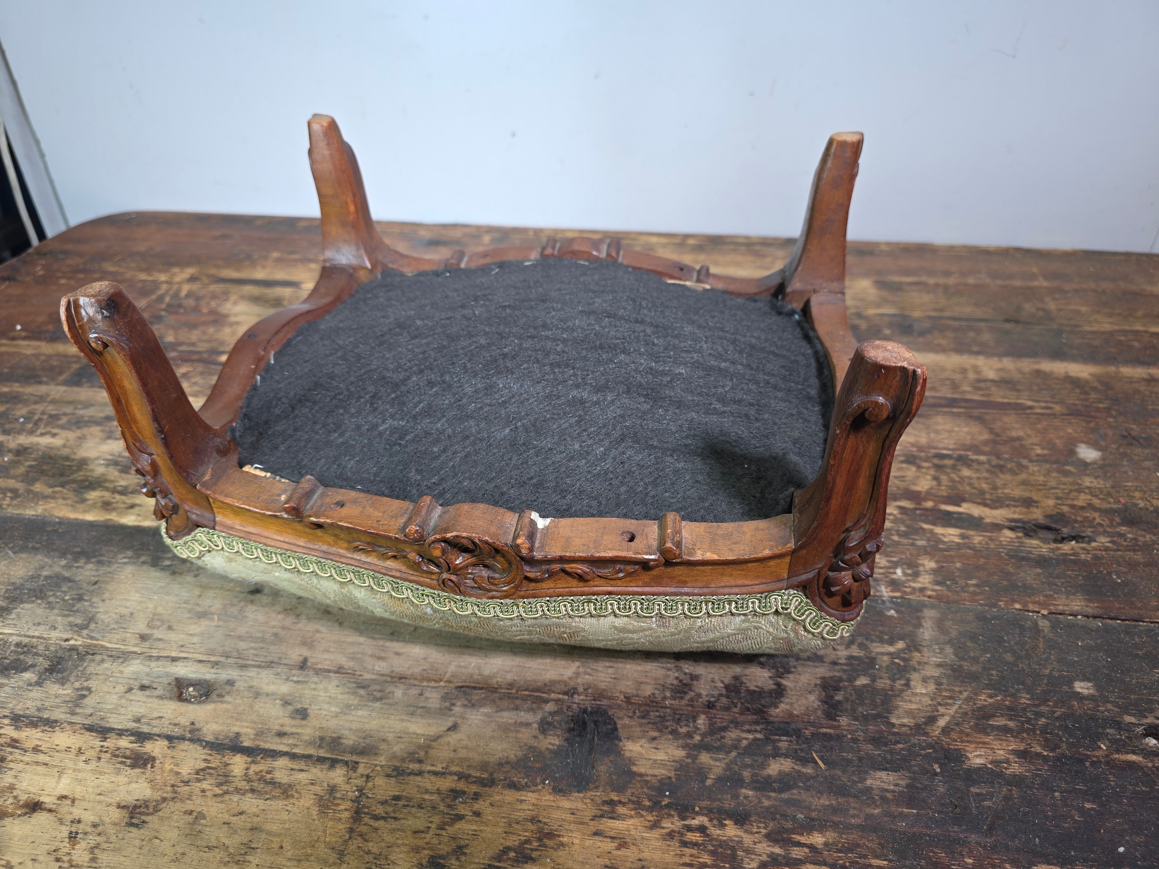 Vintage Louis XV Style Footstool Ottoman Carved Wood Rococo Brocade Small Stool