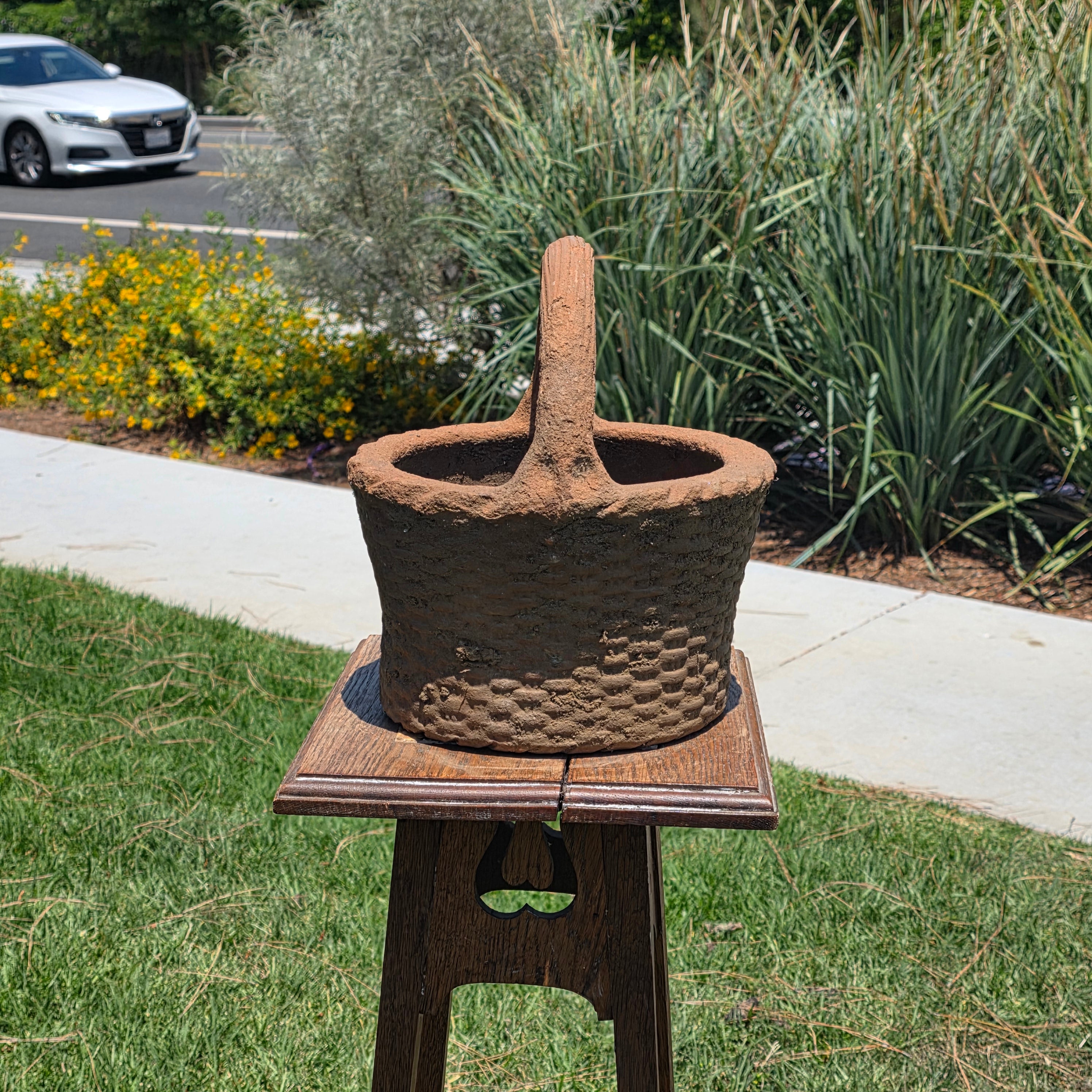 Vintage Terracotta Basket Planter Clay Woven Basket Pottery Rustic Garden Pot