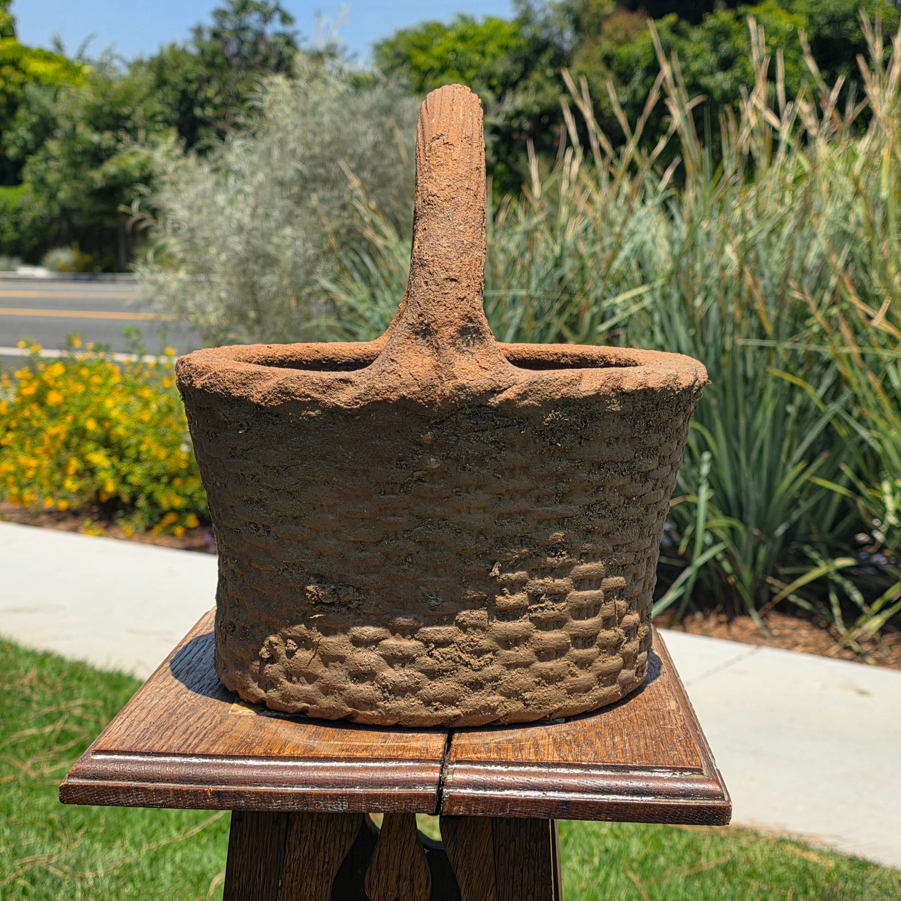 Vintage Terracotta Basket Planter Clay Woven Basket Pottery Rustic Garden Pot