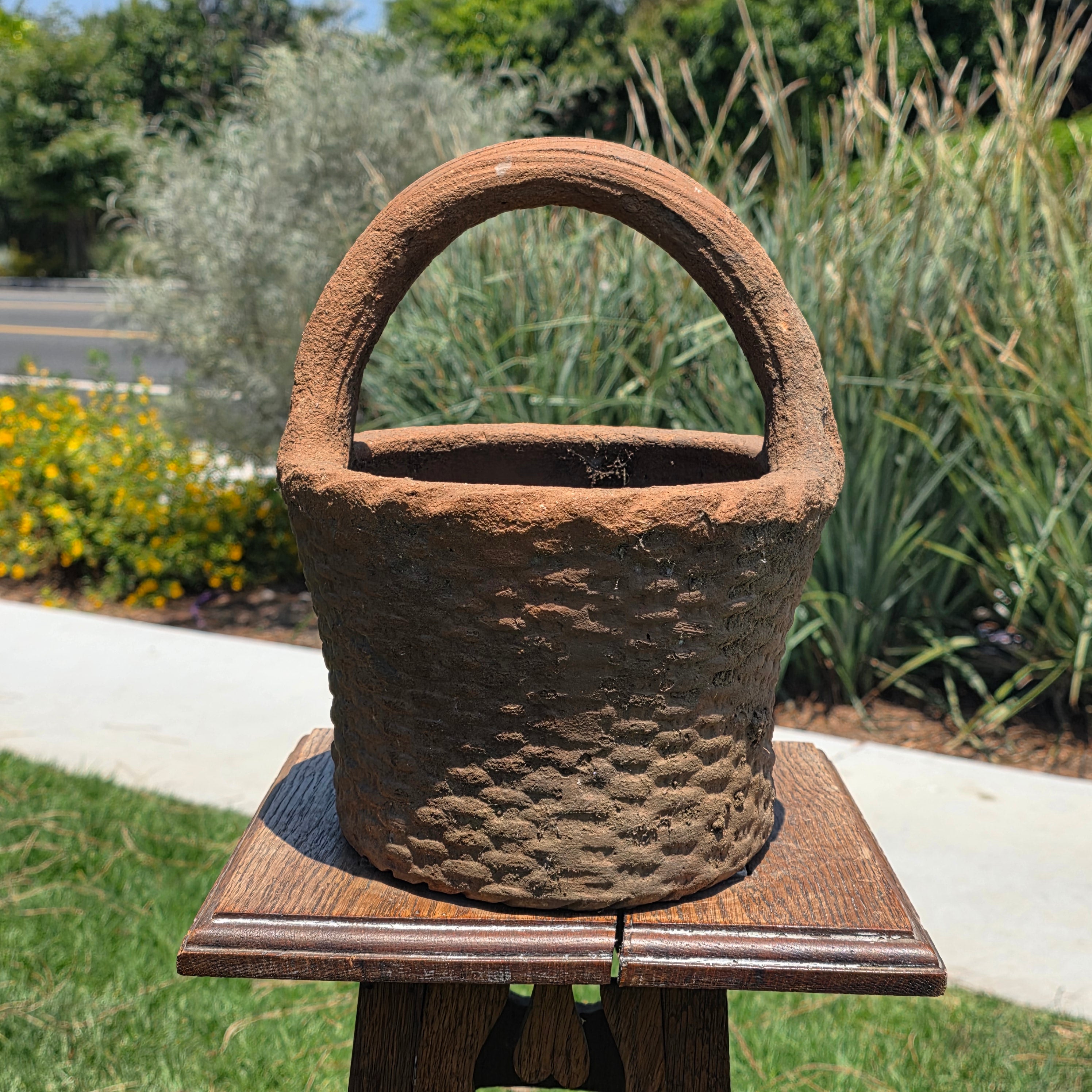 Vintage Terracotta Basket Planter Clay Woven Basket Pottery Rustic Garden Pot