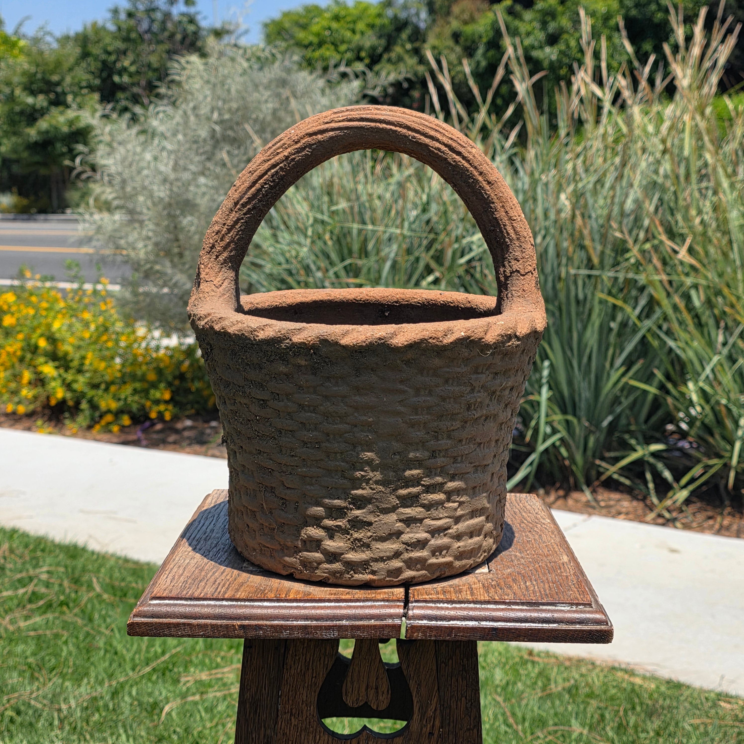 Vintage Terracotta Basket Planter Clay Woven Basket Pottery Rustic Garden Pot