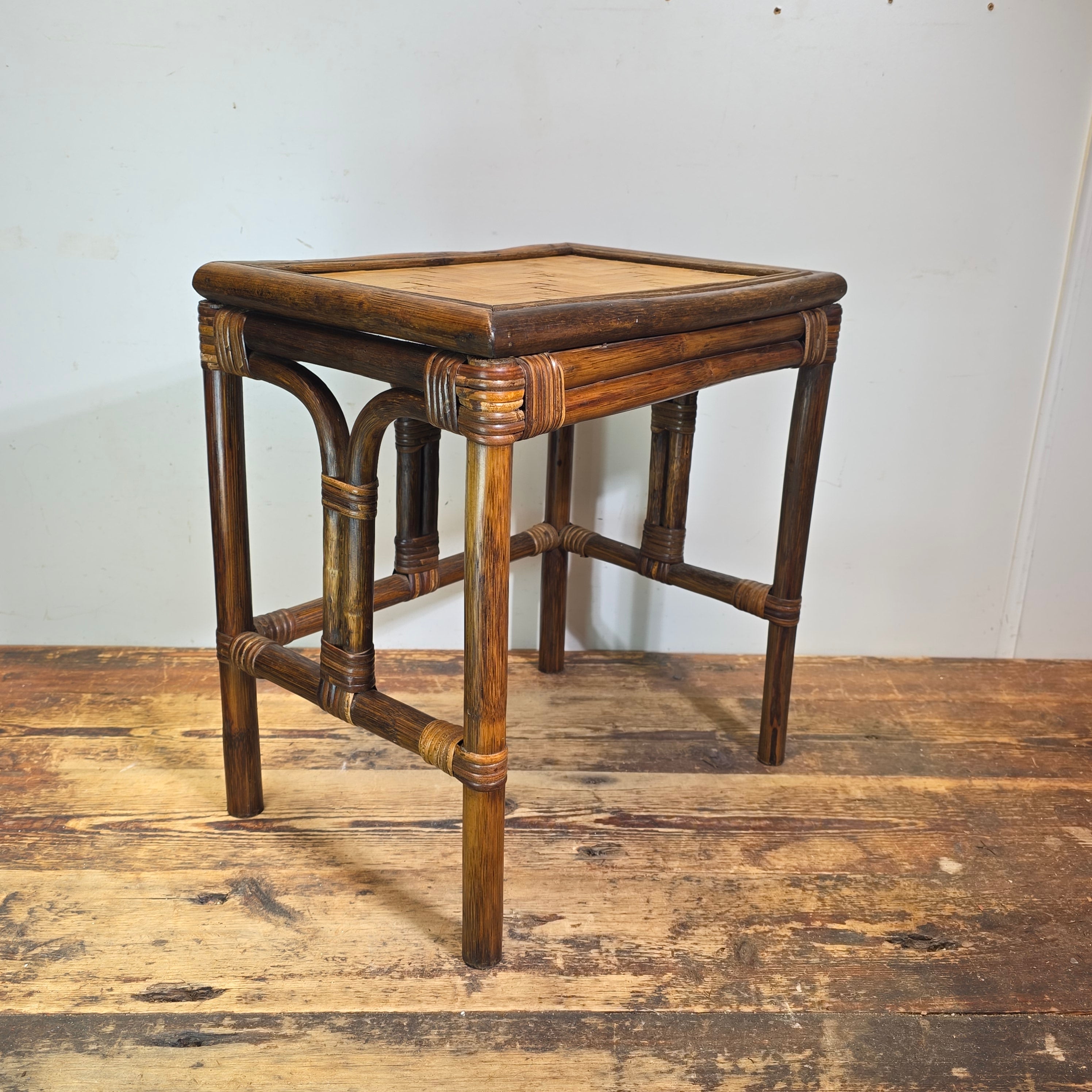 Vintage Rattan Bamboo Nesting Side Table Boho End Plant Stand Small Single Piece
