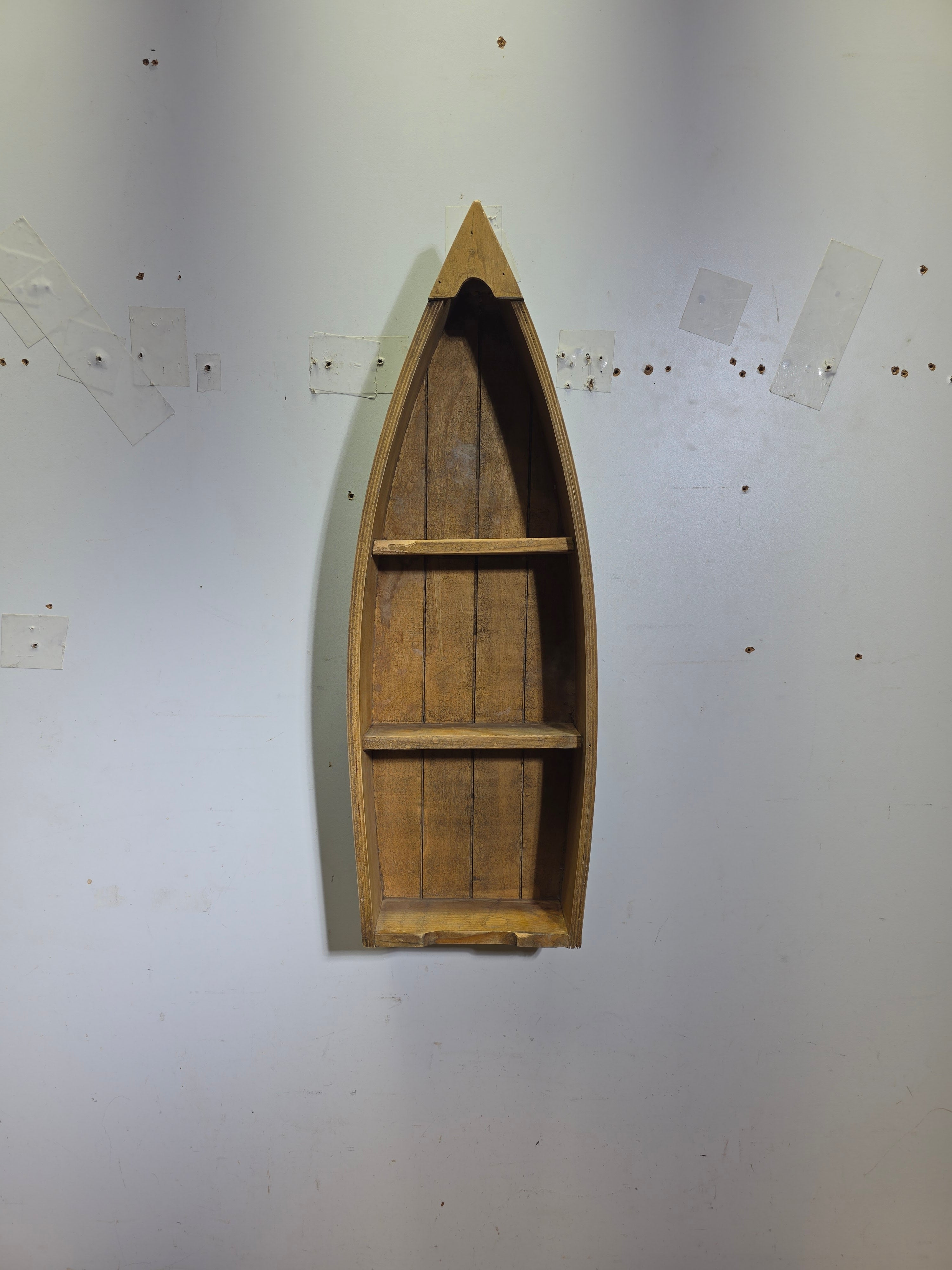 Vintage Wood Boat Wall Shelf Nautical Row Boat Shape Hanging Rack Blue Honey 23"