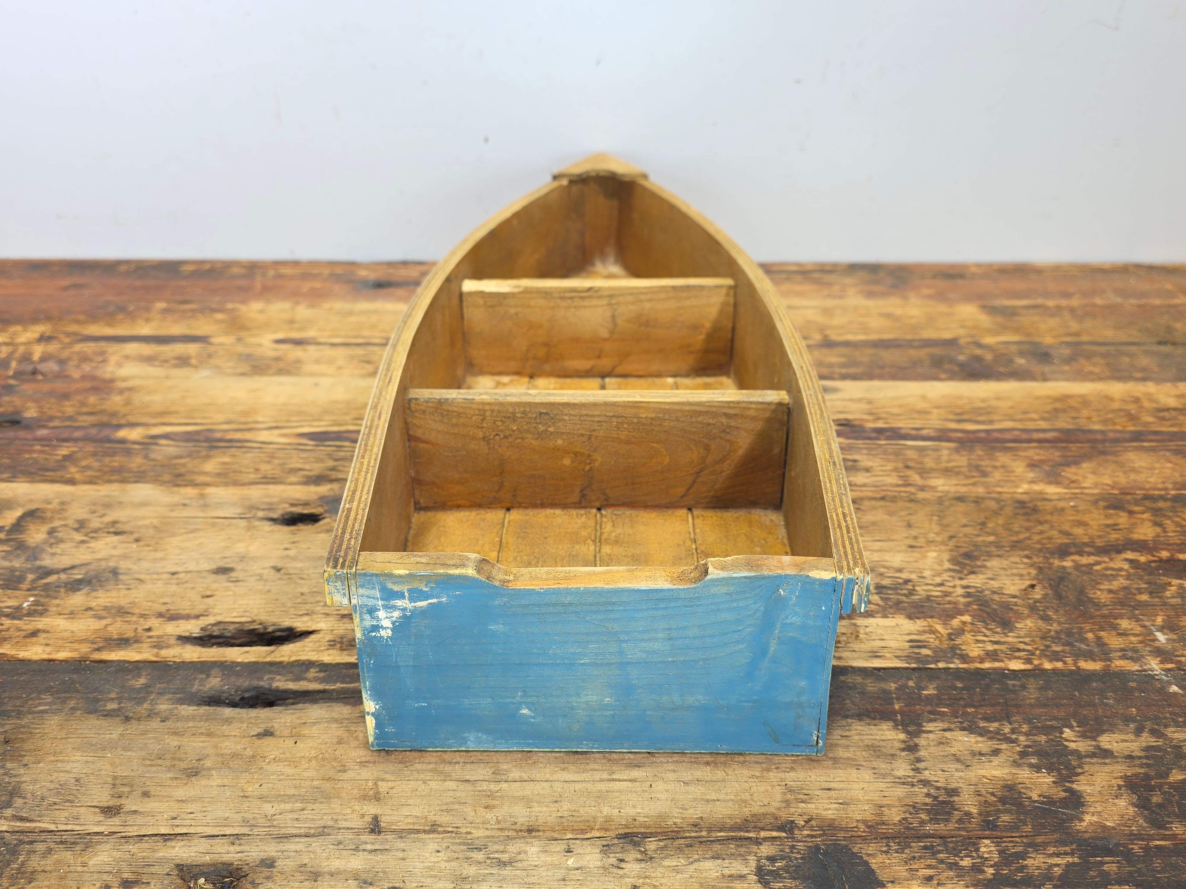 Vintage Wood Boat Wall Shelf Nautical Row Boat Shape Hanging Rack Blue Honey 23"