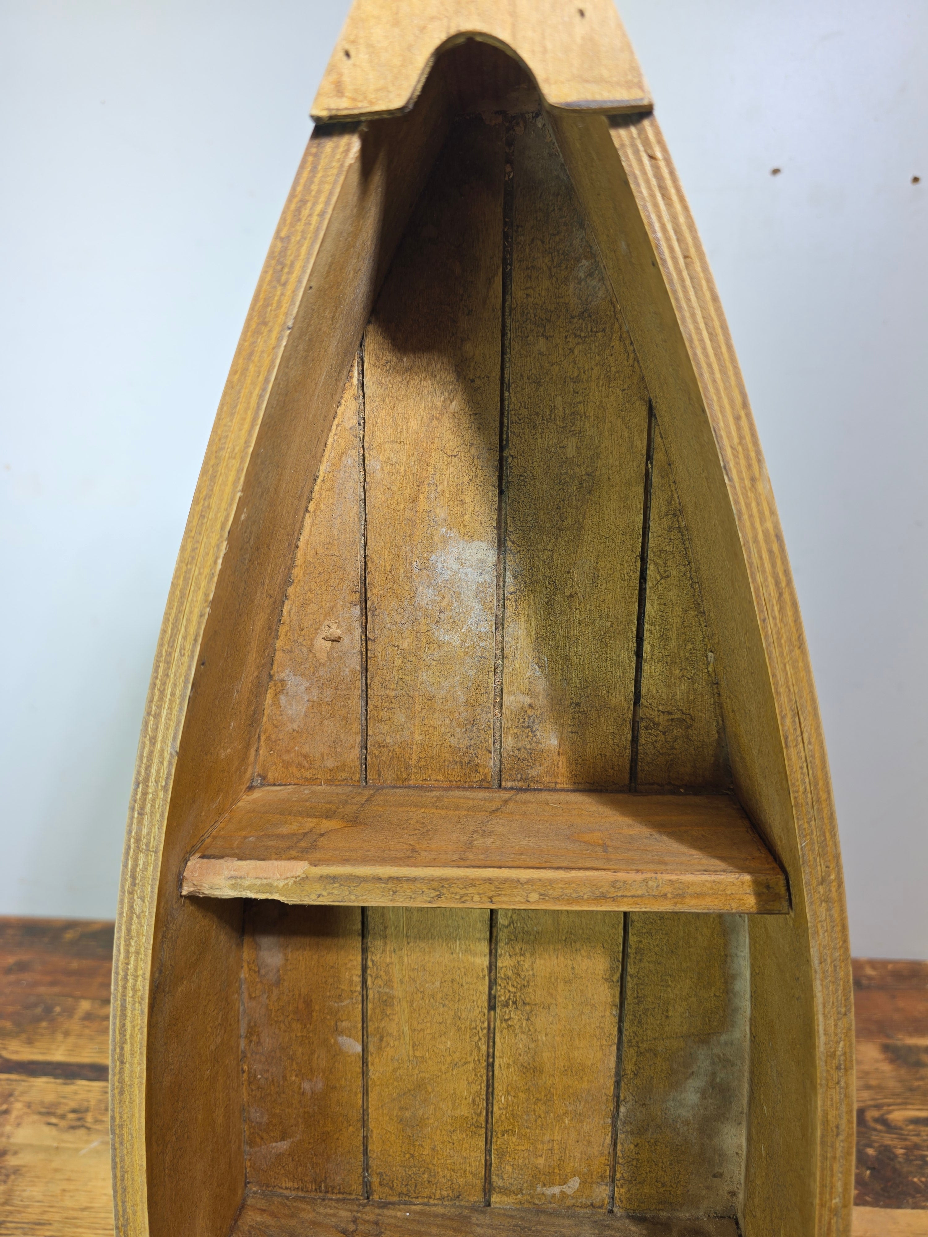 Vintage Wood Boat Wall Shelf Nautical Row Boat Shape Hanging Rack Blue Honey 23"