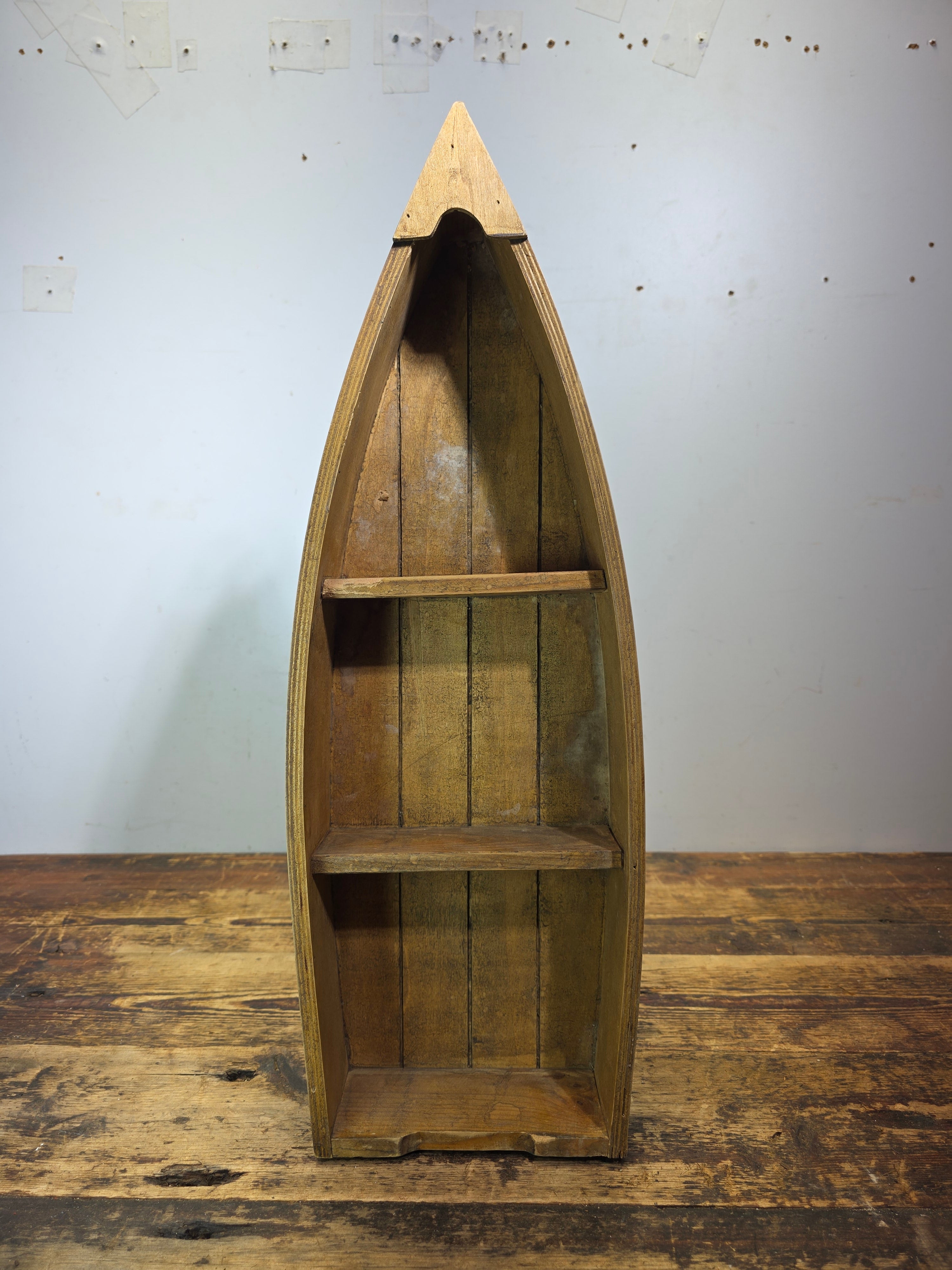 Vintage Wood Boat Wall Shelf Nautical Row Boat Shape Hanging Rack Blue Honey 23"