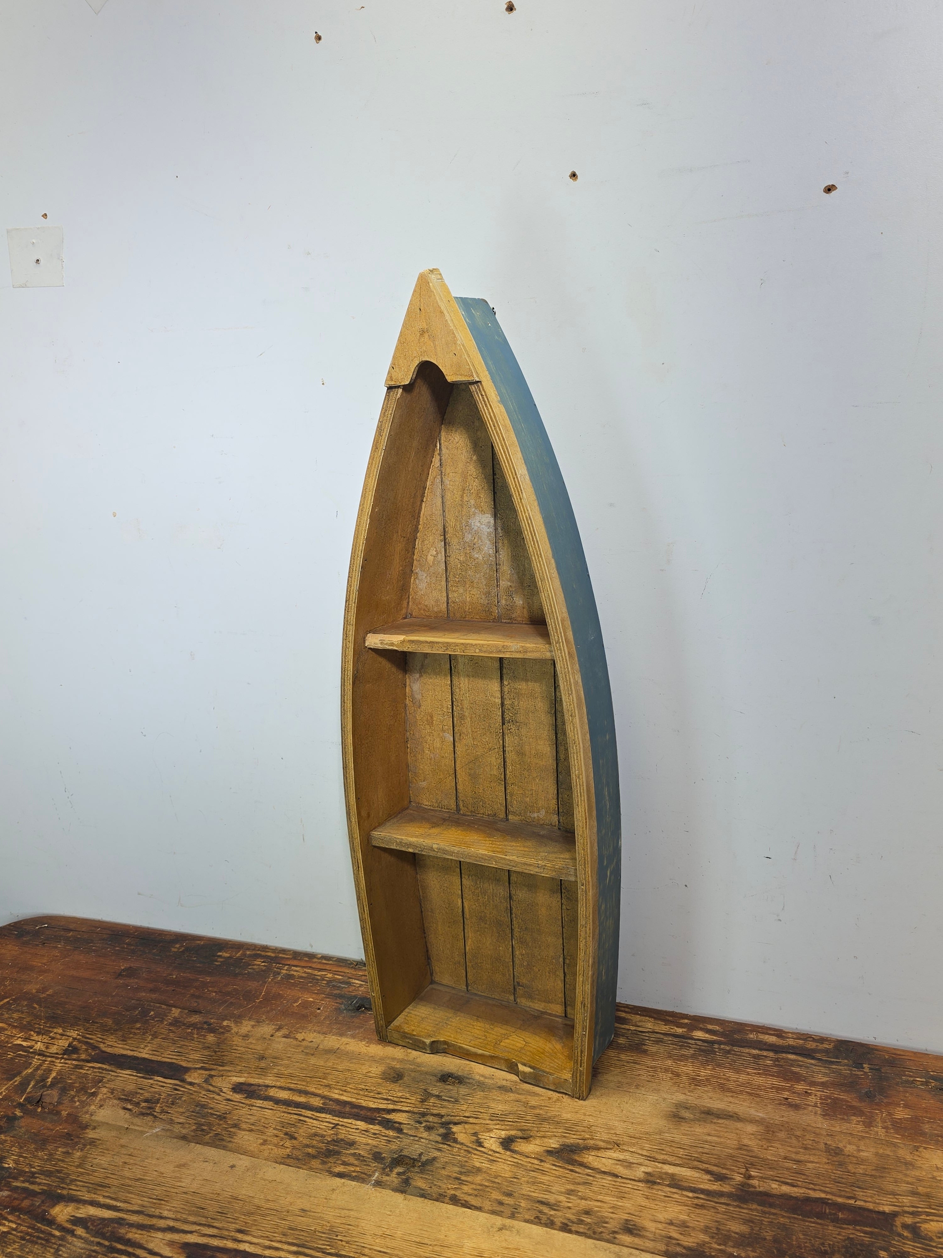 Vintage Wood Boat Wall Shelf Nautical Row Boat Shape Hanging Rack Blue Honey 23"