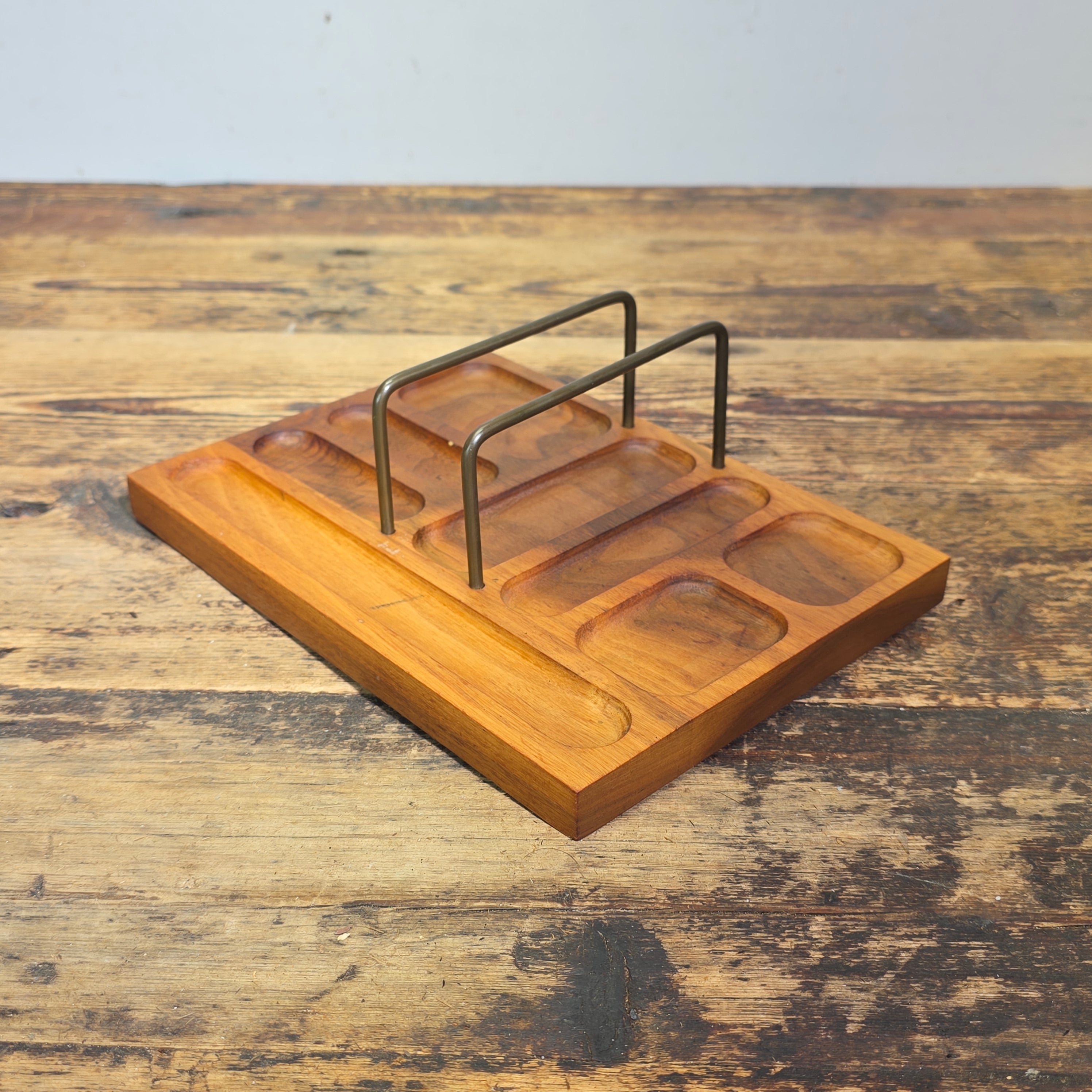 Vintage Walnut Desk Organizer Valet Tray MCM Mid Century Wood Mail Letter Rack
