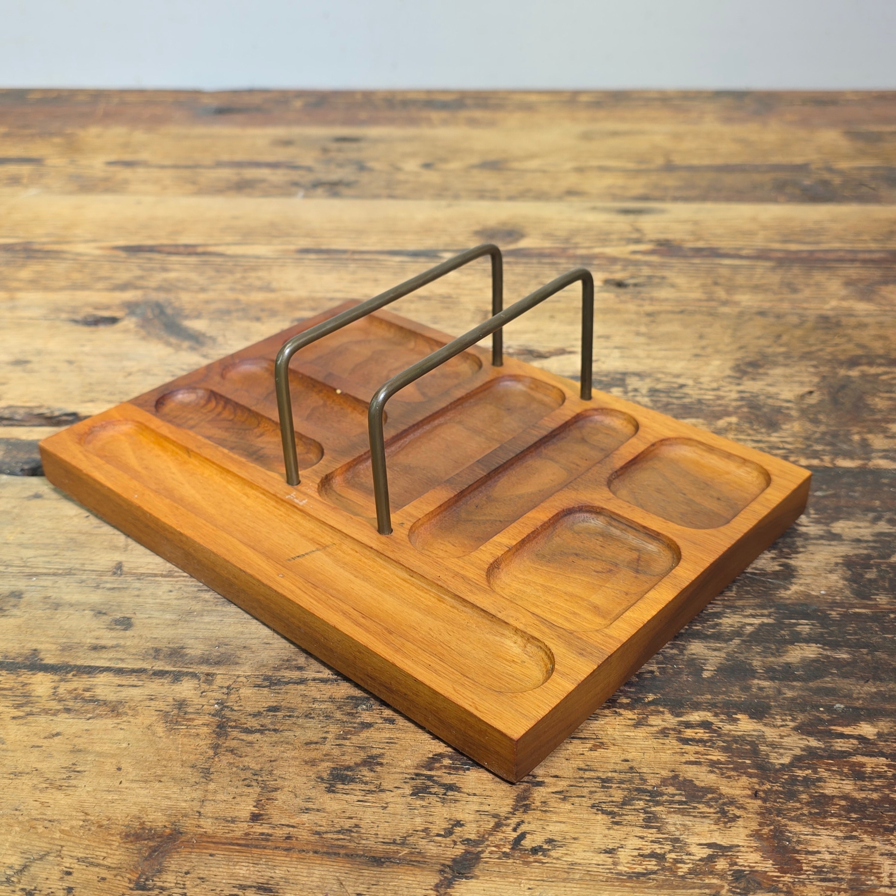 Vintage Walnut Desk Organizer Valet Tray MCM Mid Century Wood Mail Letter Rack