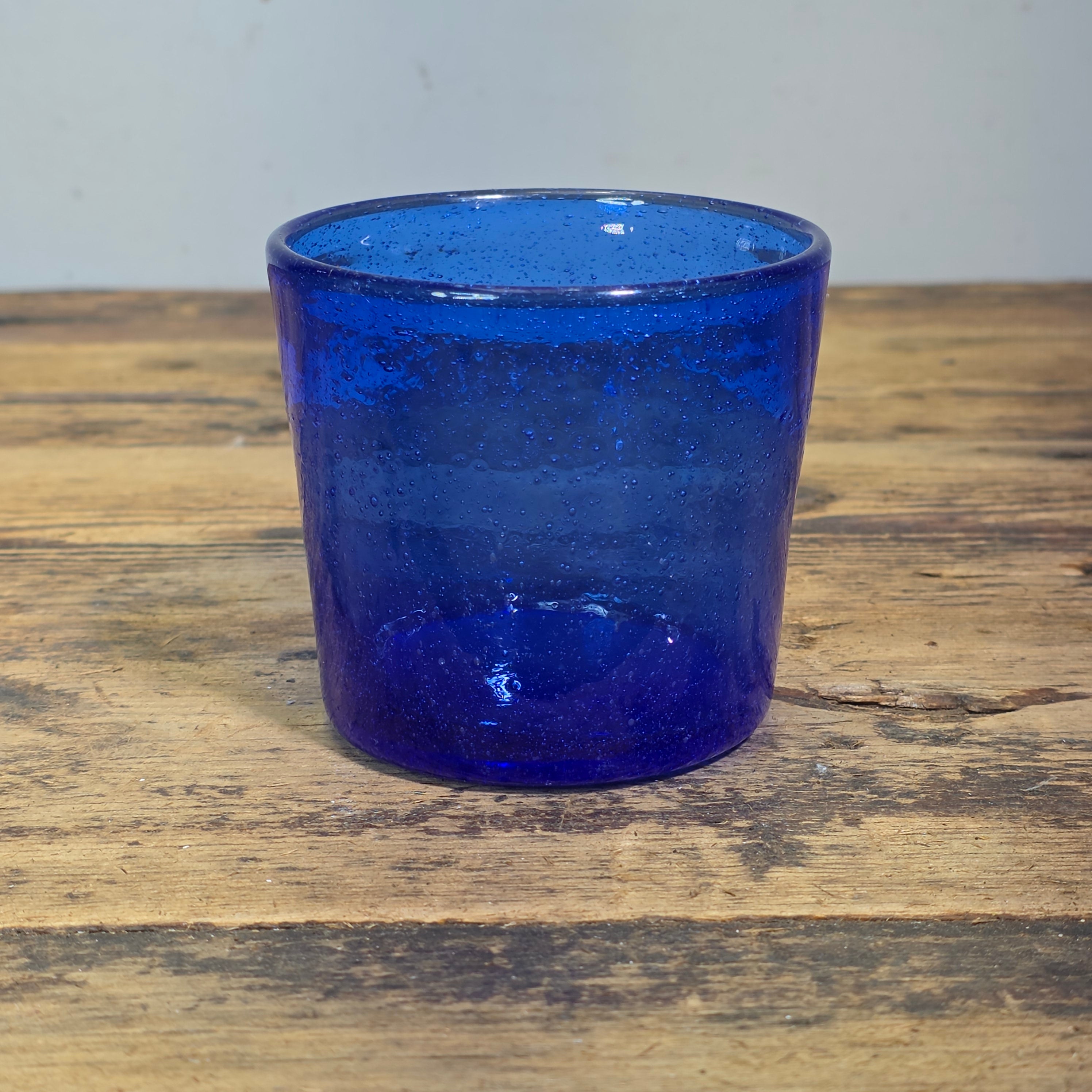 Vintage Mexican Hand Blown Cobalt Blue Bubble Glass Tumbler Votive Cup 10 oz.