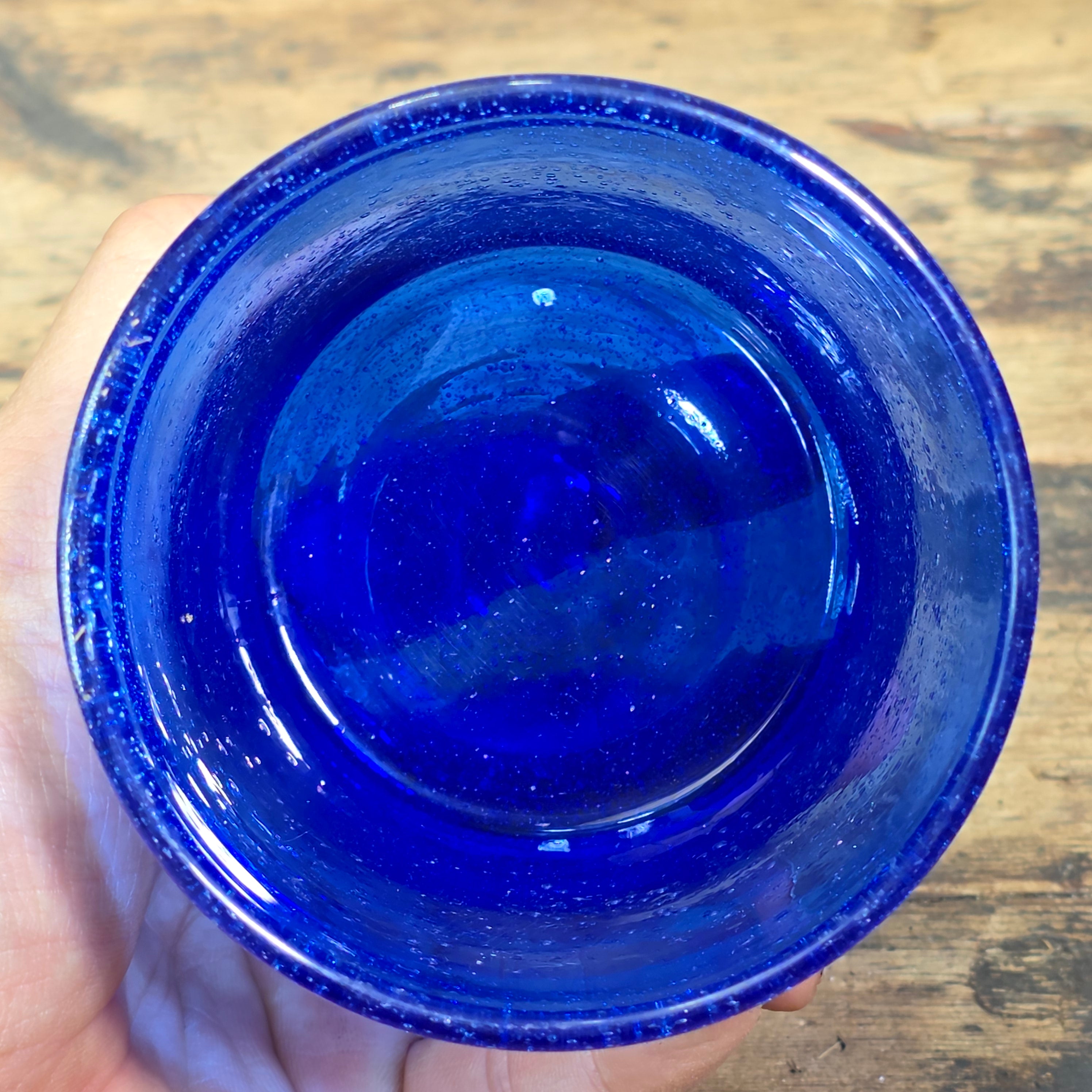 Vintage Mexican Hand Blown Cobalt Blue Bubble Glass Tumbler Votive Cup 10 oz.