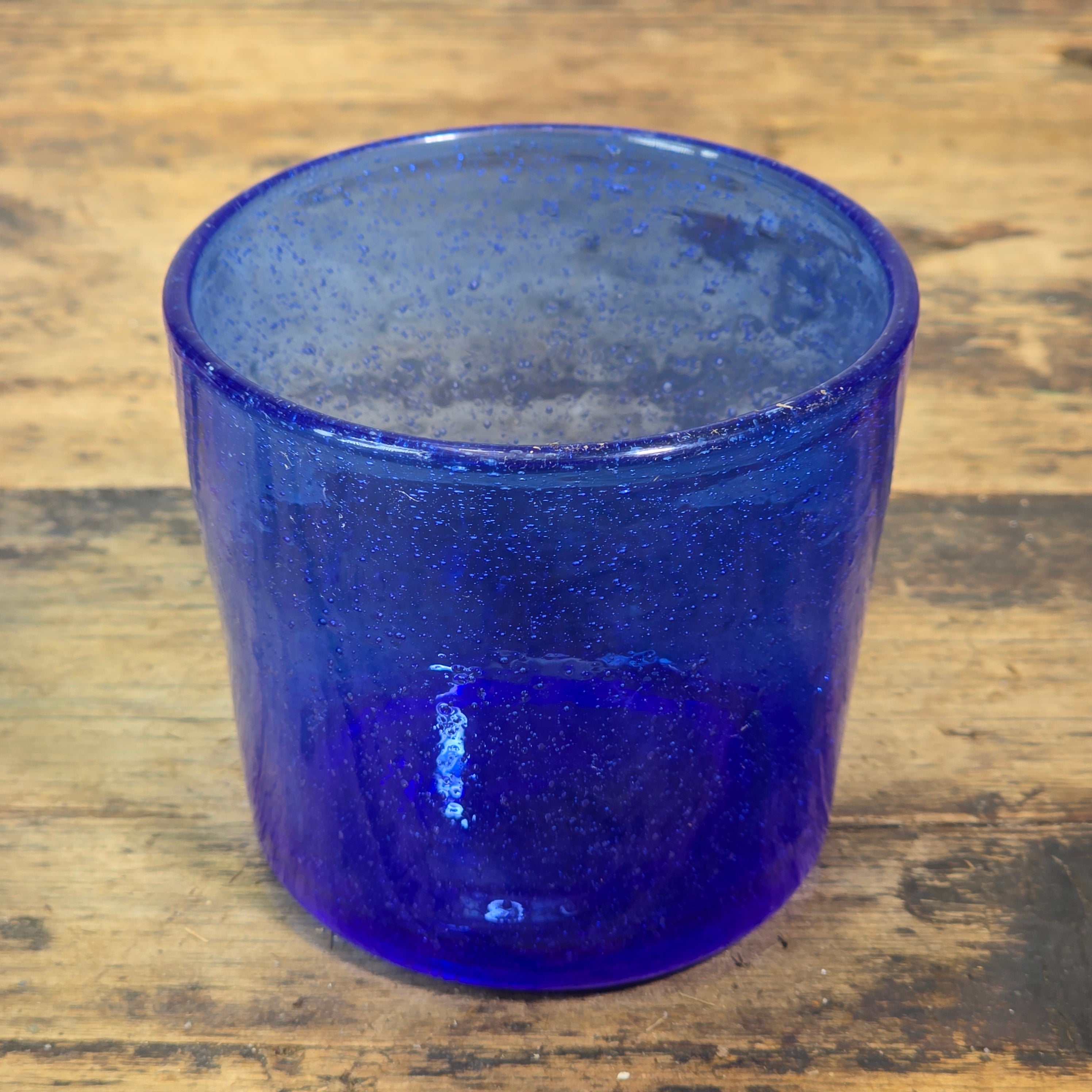 Vintage Mexican Hand Blown Cobalt Blue Bubble Glass Tumbler Votive Cup 10 oz.