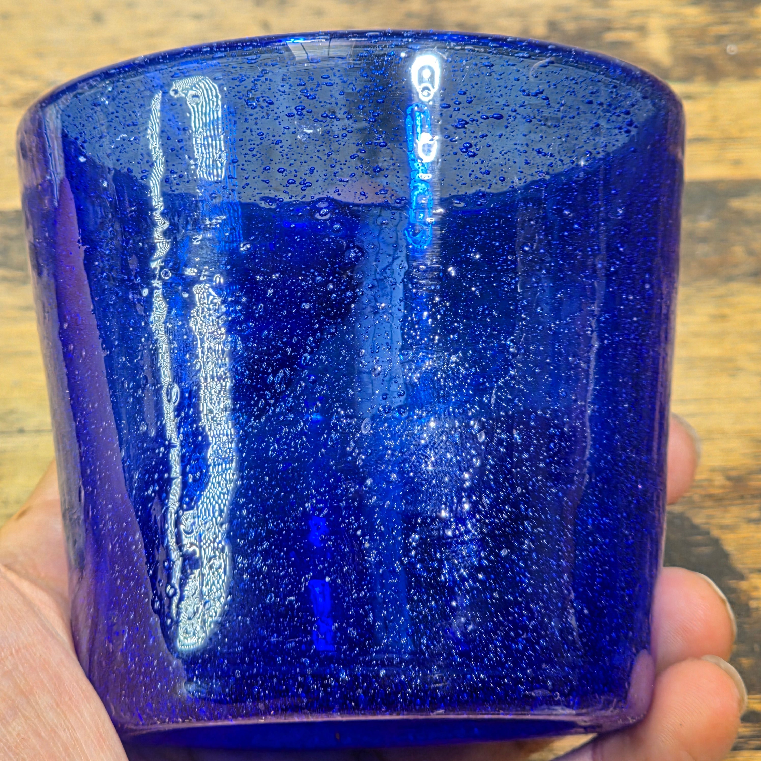 Vintage Mexican Hand Blown Cobalt Blue Bubble Glass Tumbler Votive Cup 10 oz.