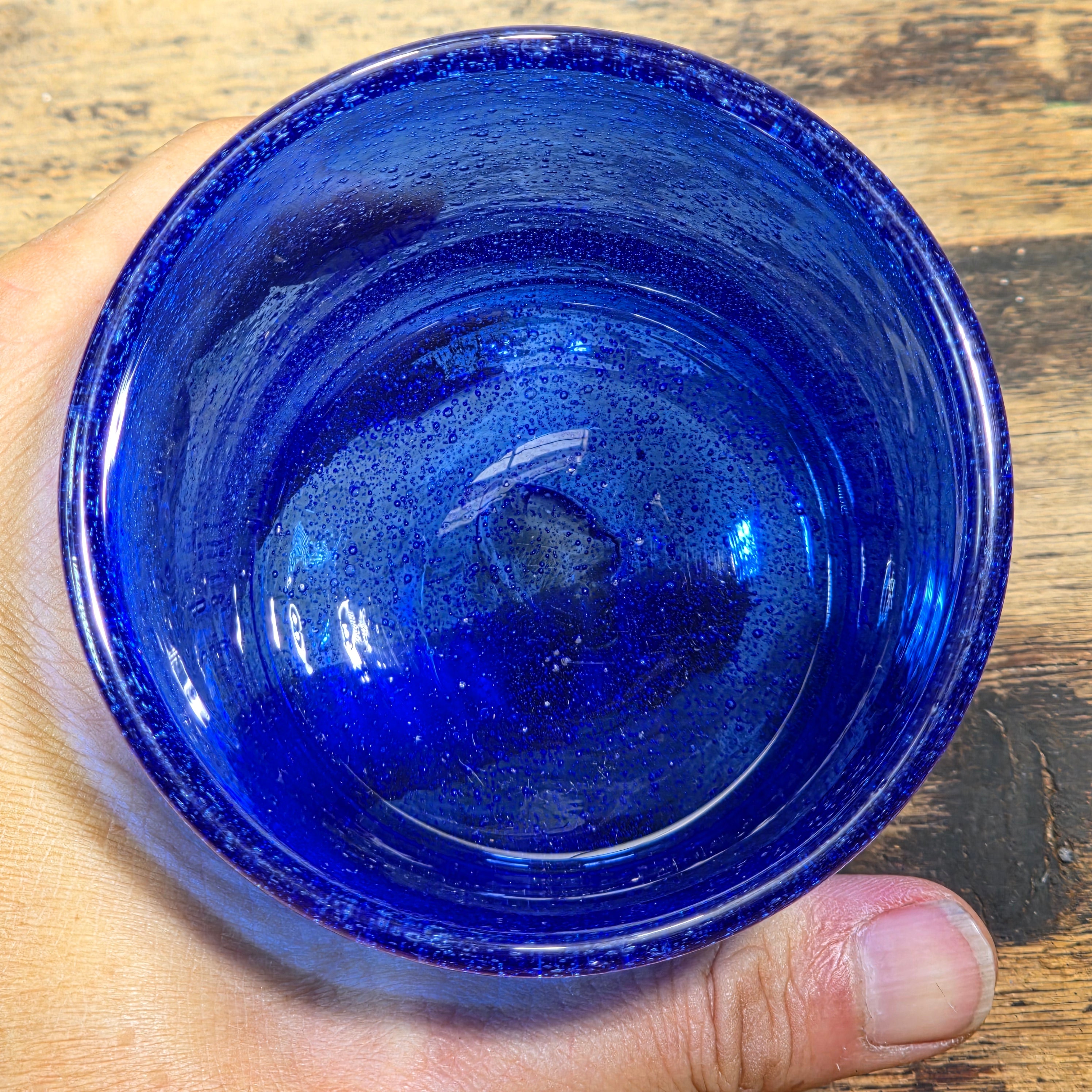 Vintage Mexican Hand Blown Cobalt Blue Bubble Glass Tumbler Votive Cup 10 oz.